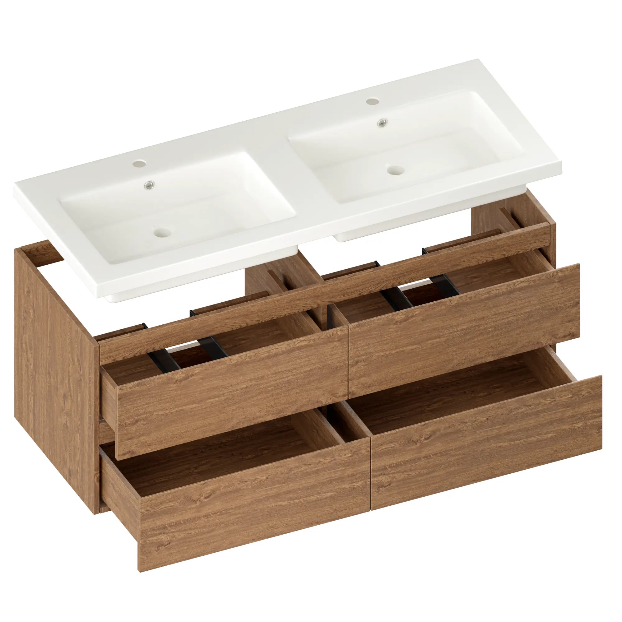 Meuble de salle de bain Asora - 120 cm - 2 trous de robinet - Chêne chaud - Lavabo Blanc