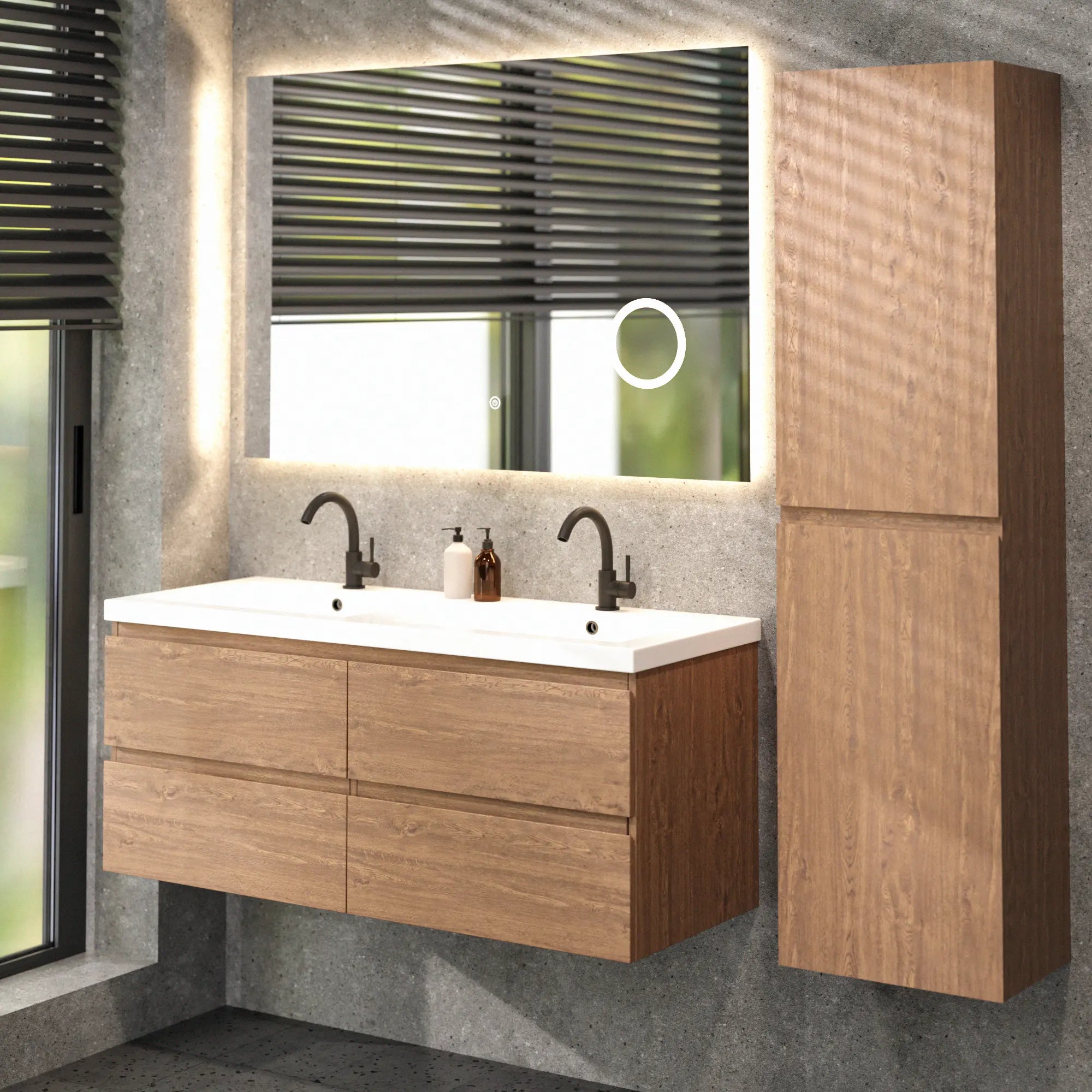 Meuble de salle de bain Asora - 120 cm - 2 trous de robinet - Chêne chaud - Lavabo Blanc