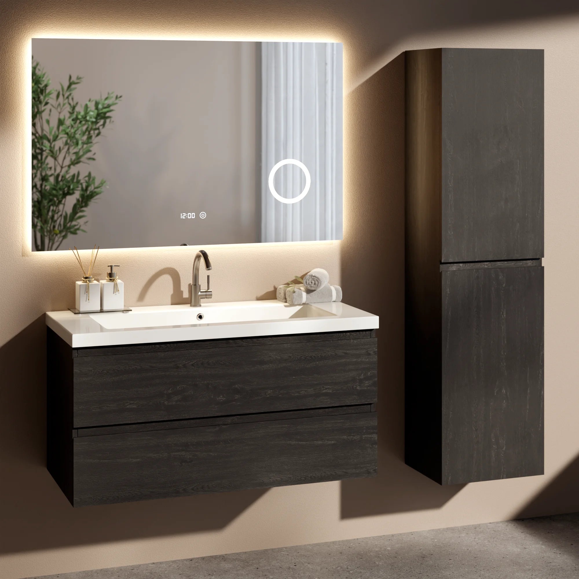 Ensemble meuble vasque Montero – 100 cm – Chêne Noir – Lavabo Blanc