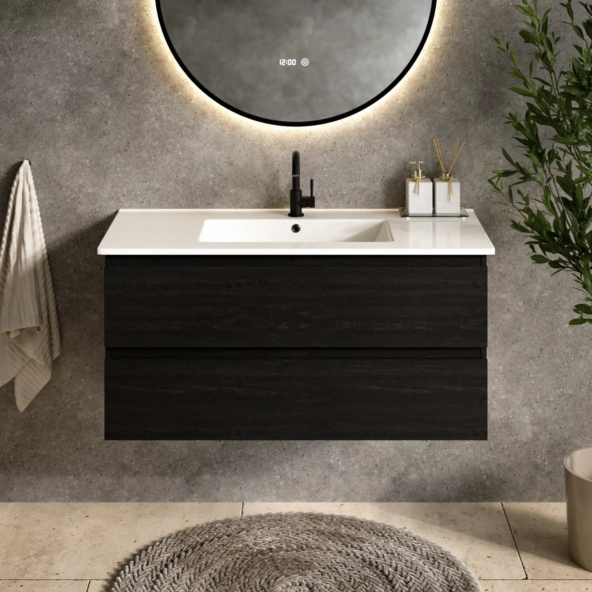 Meuble de salle de bain Varo - 100 cm - Chêne noir - Lavabo blanc - PRÉCOMMANDE - Précommander