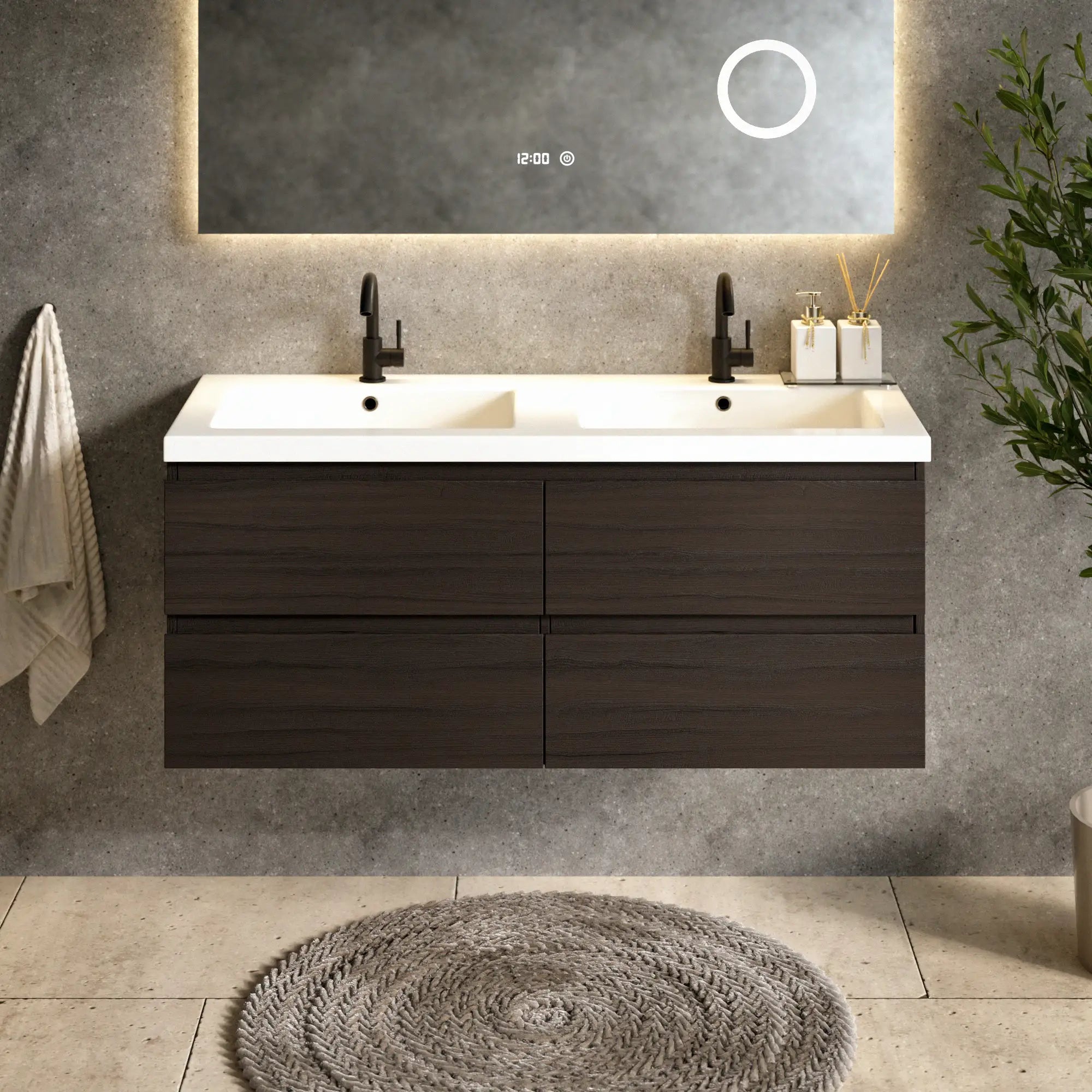 Meuble de salle de bain Asora - 120 cm - Bois de noyer - Plan vasque Blanc - Précommander