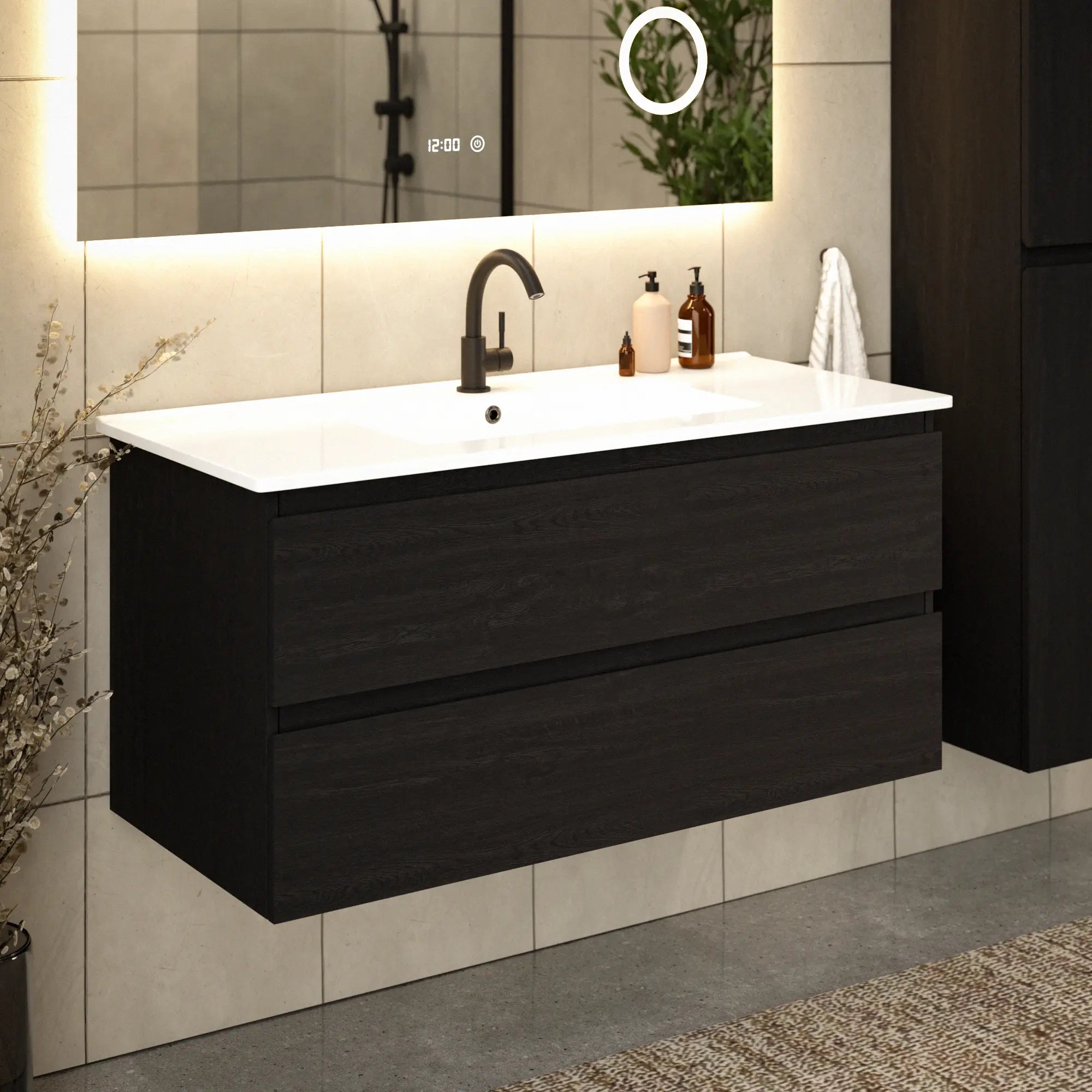 Meuble de salle de bain Varo - 100 cm - Chêne noir - Lavabo blanc - PRÉCOMMANDE - Précommander