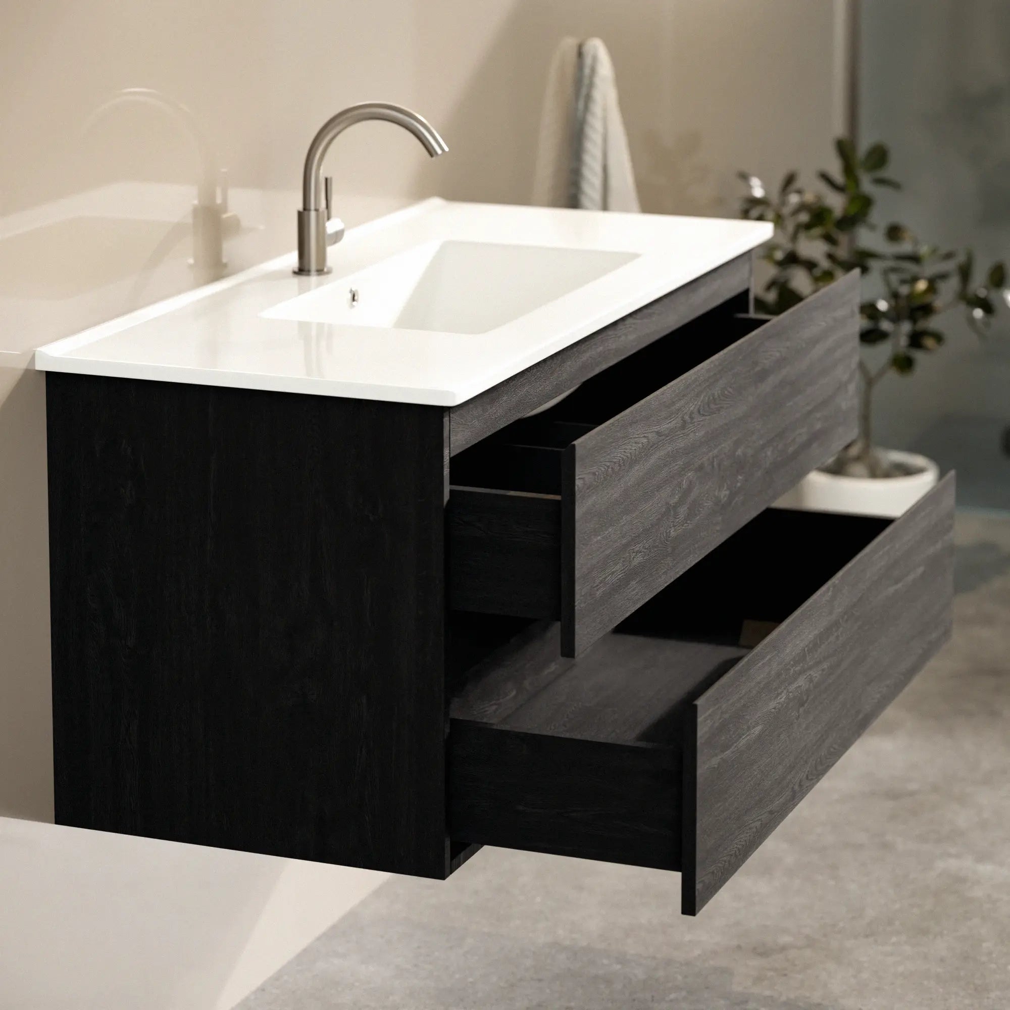 Meuble de salle de bain Varo - 100 cm - Chêne noir - Lavabo blanc - PRÉCOMMANDE - Précommander