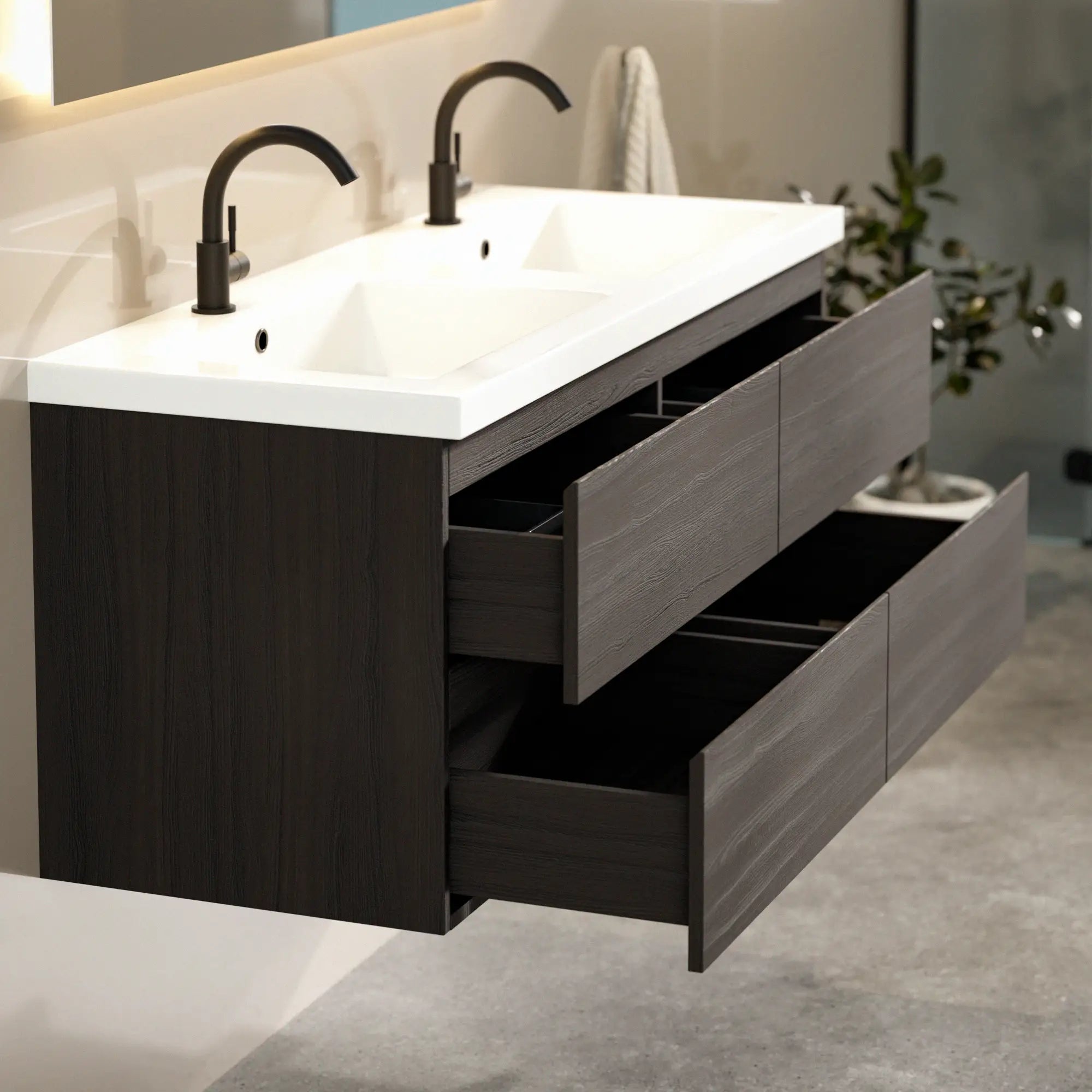 Meuble de salle de bain Asora - 120 cm - Bois de noyer - Plan vasque Blanc - Précommander