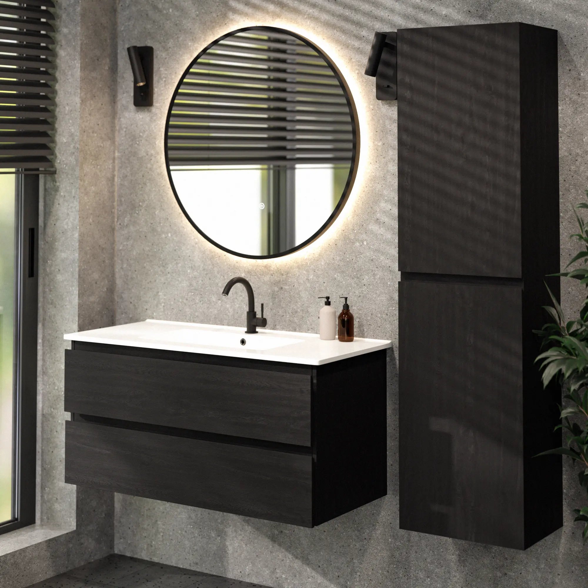 Meuble de salle de bain Varo - 100 cm - Chêne noir - Lavabo blanc - PRÉCOMMANDE - Précommander