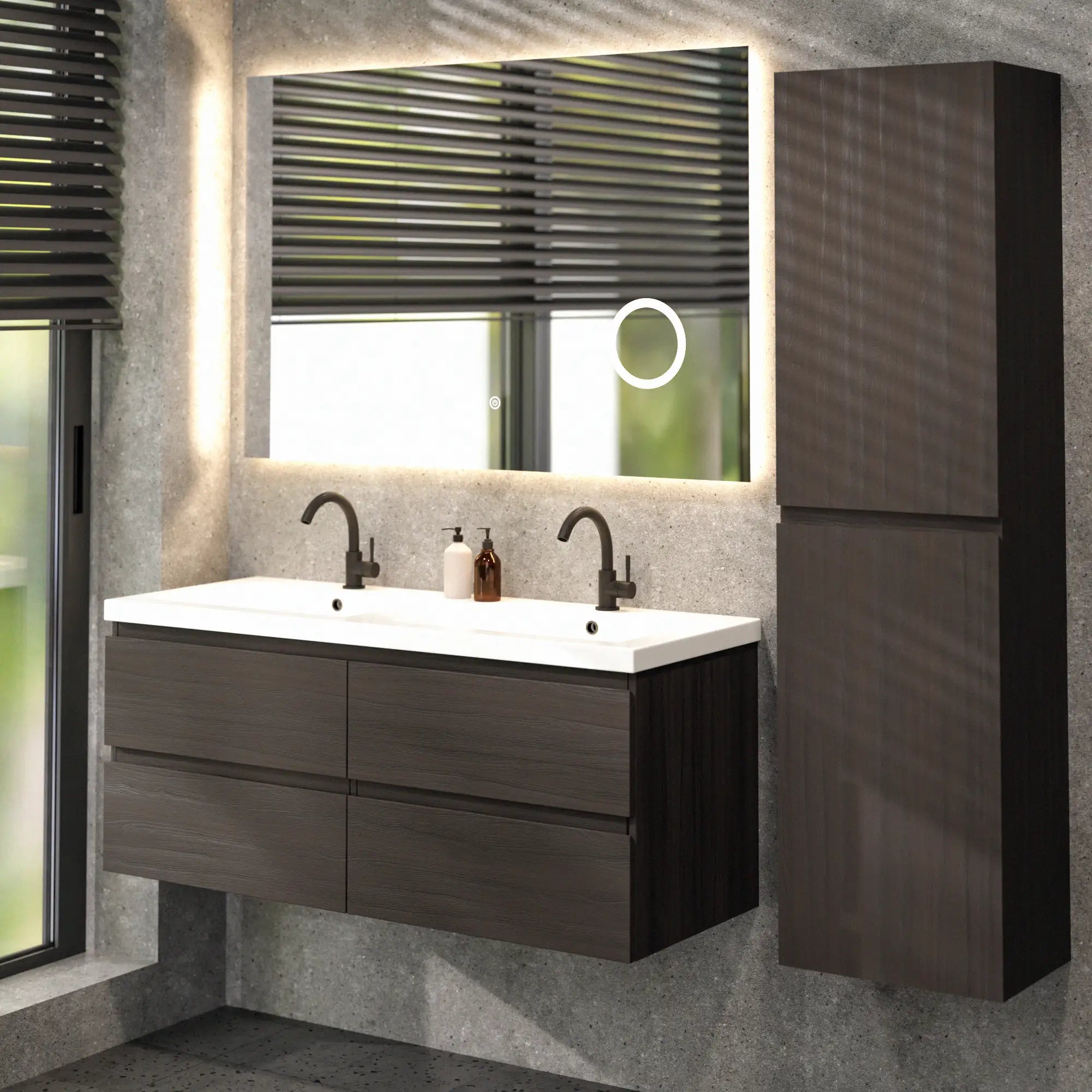 Meuble de salle de bain Asora - 120 cm - Bois de noyer - Plan vasque Blanc - Précommander