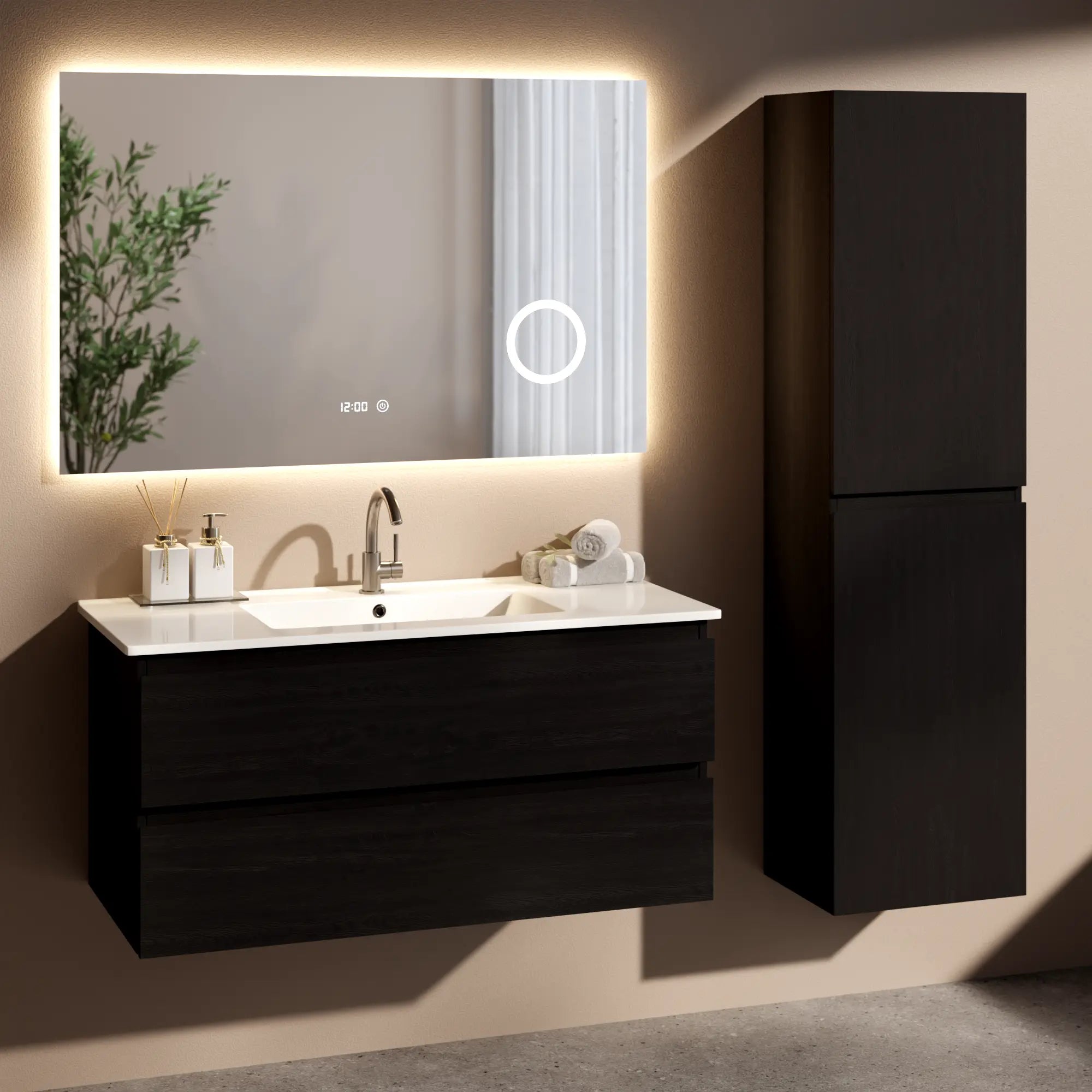 Meuble de salle de bain Varo - 100 cm - Chêne noir - Lavabo blanc - PRÉCOMMANDE - Précommander