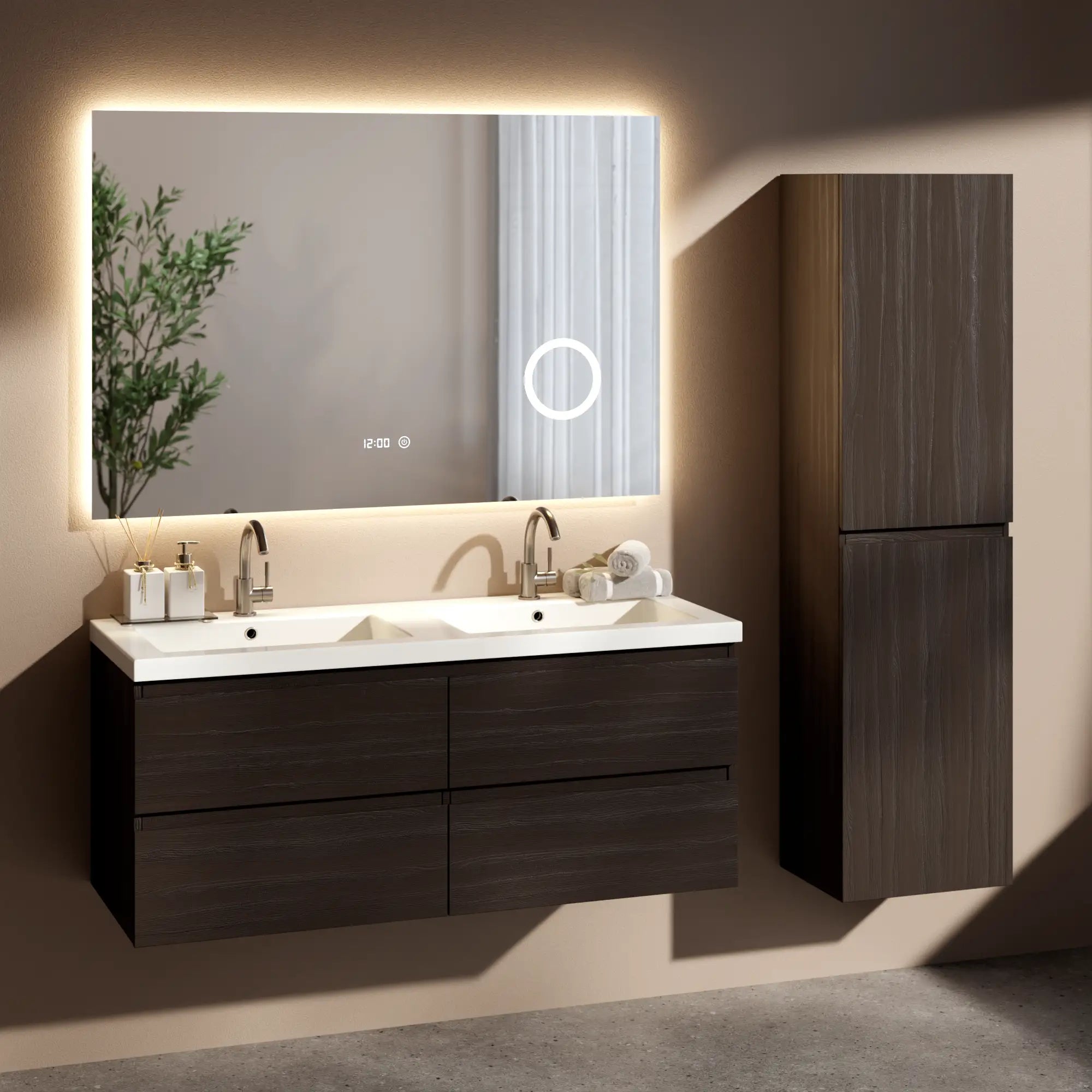 Meuble de salle de bain Asora - 120 cm - Bois de noyer - Plan vasque Blanc - Précommander