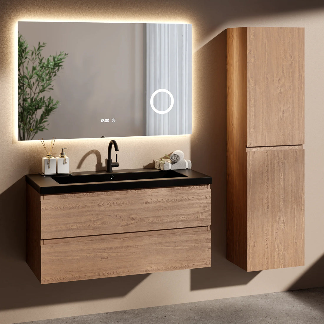 Ensemble de meubles de salle de bain Verona – 100 cm – Chene Chaud – Lavabo Noir