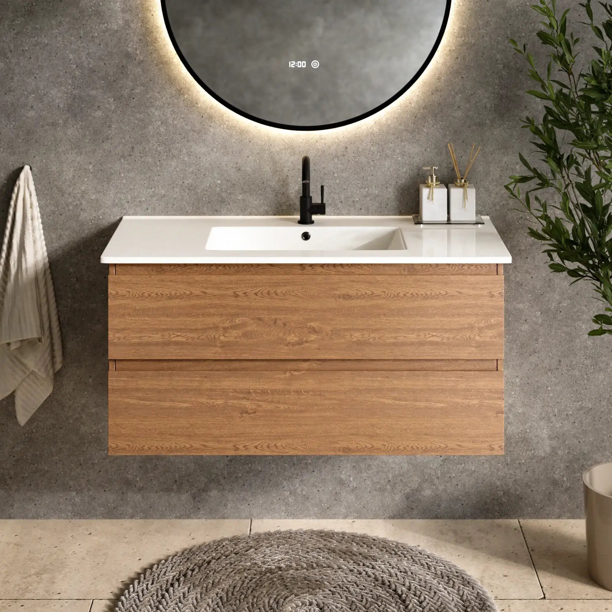Meuble de salle de bain Varo - 100 cm - Chêne chaud - Lavabo blanc