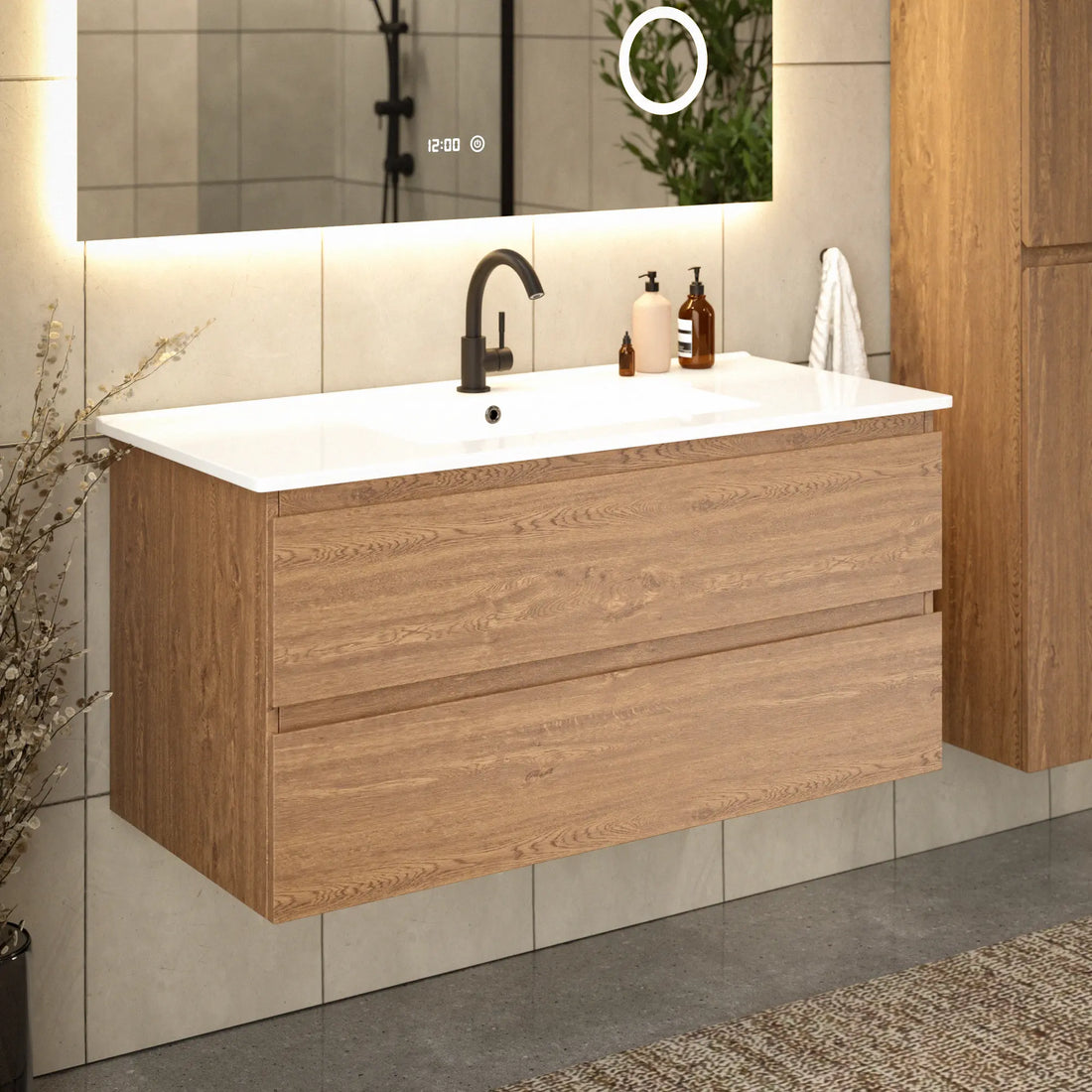 Meuble de salle de bain Varo - 100 cm - Chene chaud - Lavabo Blanc