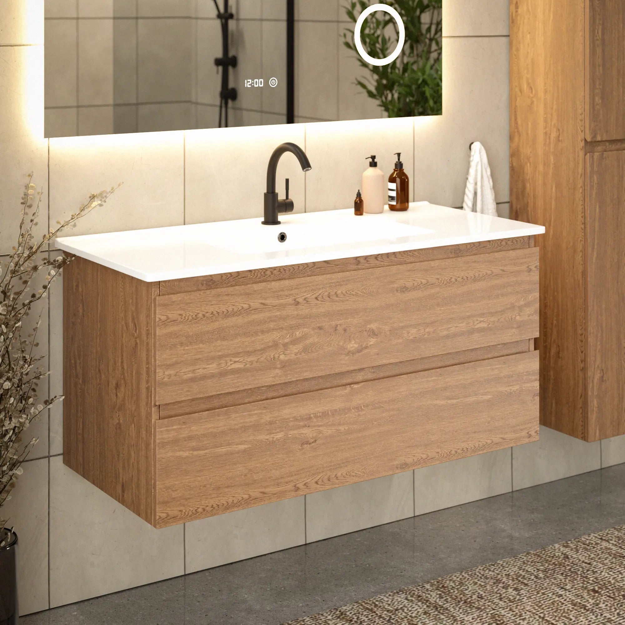Meuble de salle de bain Varo - 100 cm - Chêne chaud - Lavabo blanc