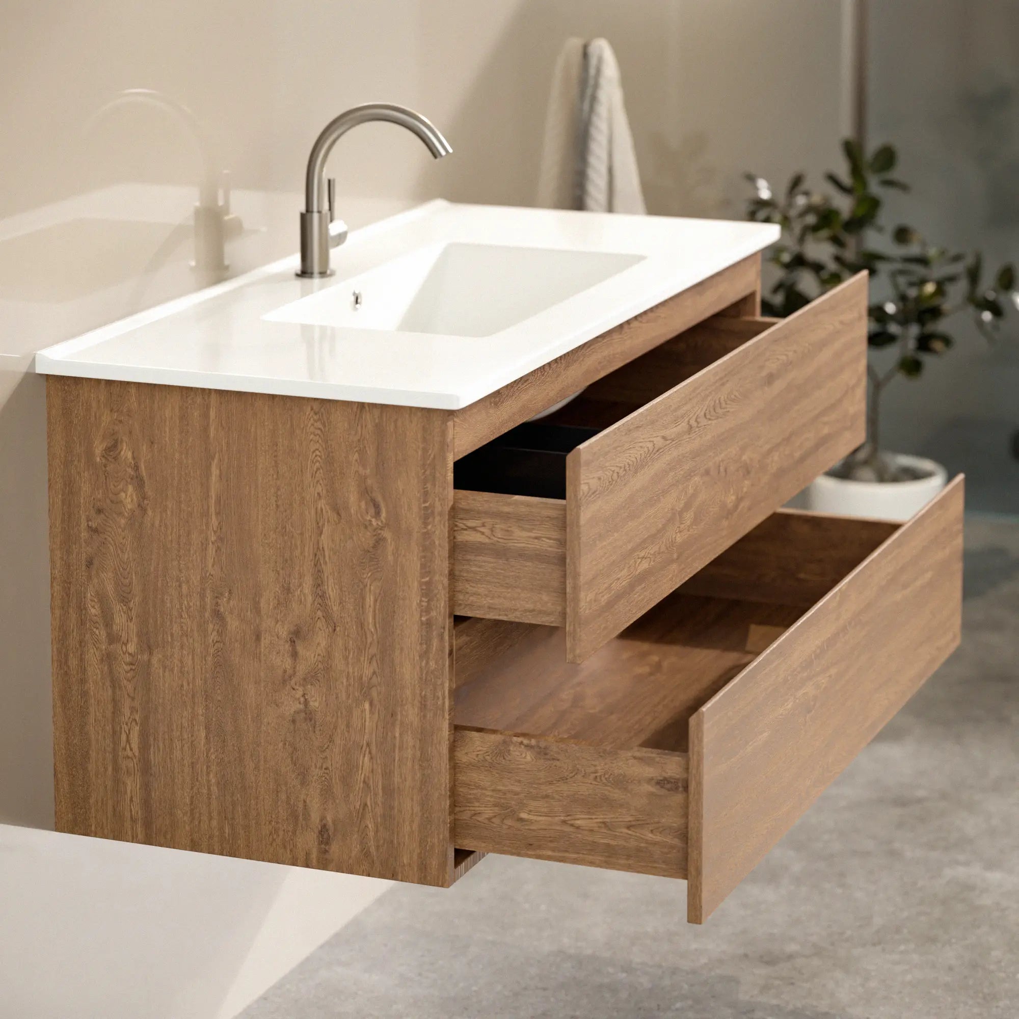 Meuble de salle de bain Varo - 100 cm - Chêne chaud - Lavabo blanc