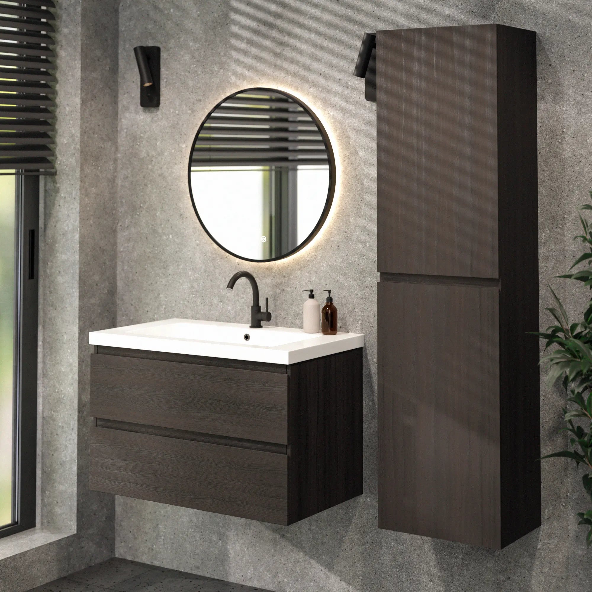 Meuble de salle de bain Sova - 80cm - Bois de noyer - Lavabo Blanc - Précommander
