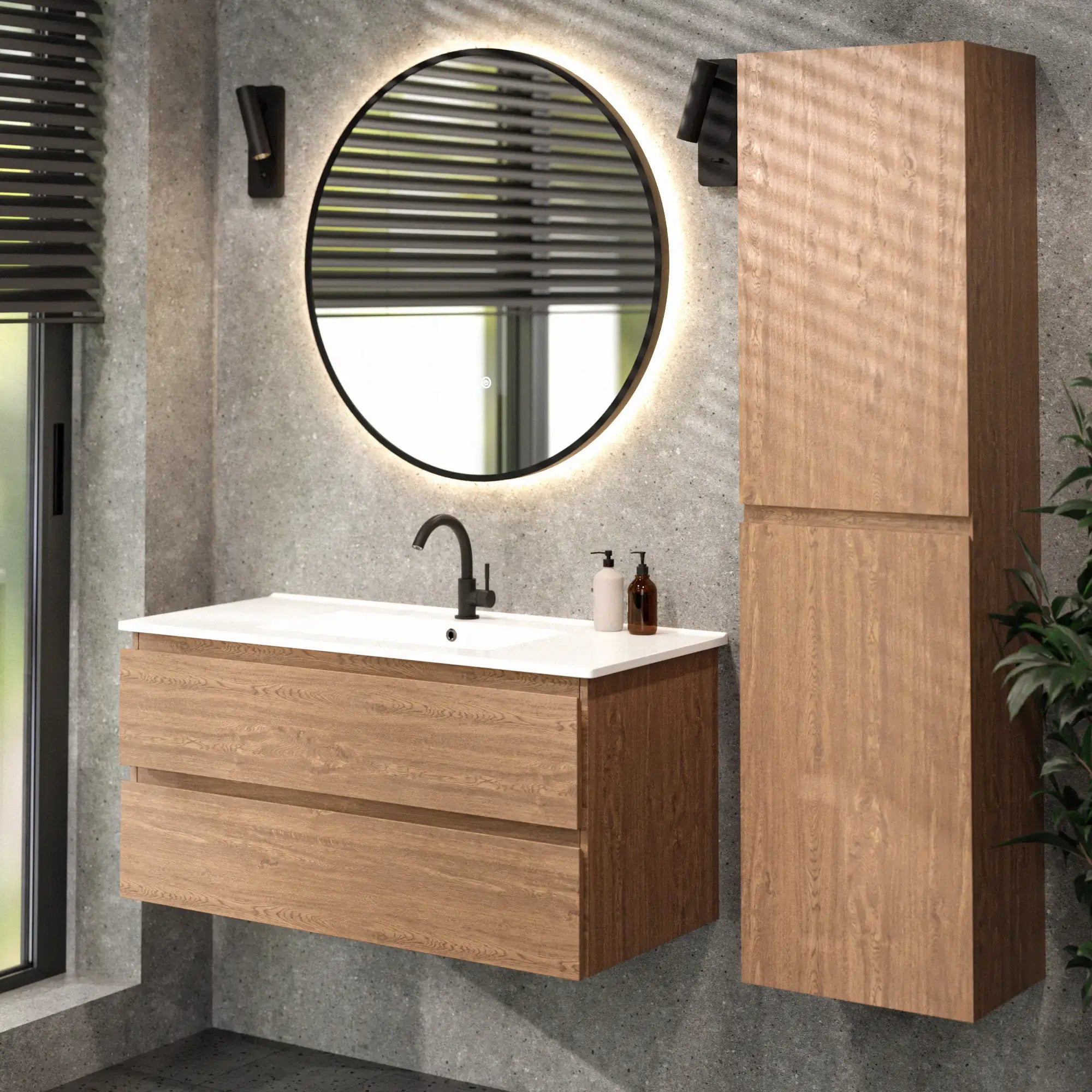 Meuble de salle de bain Varo - 100 cm - Chêne chaud - Lavabo blanc