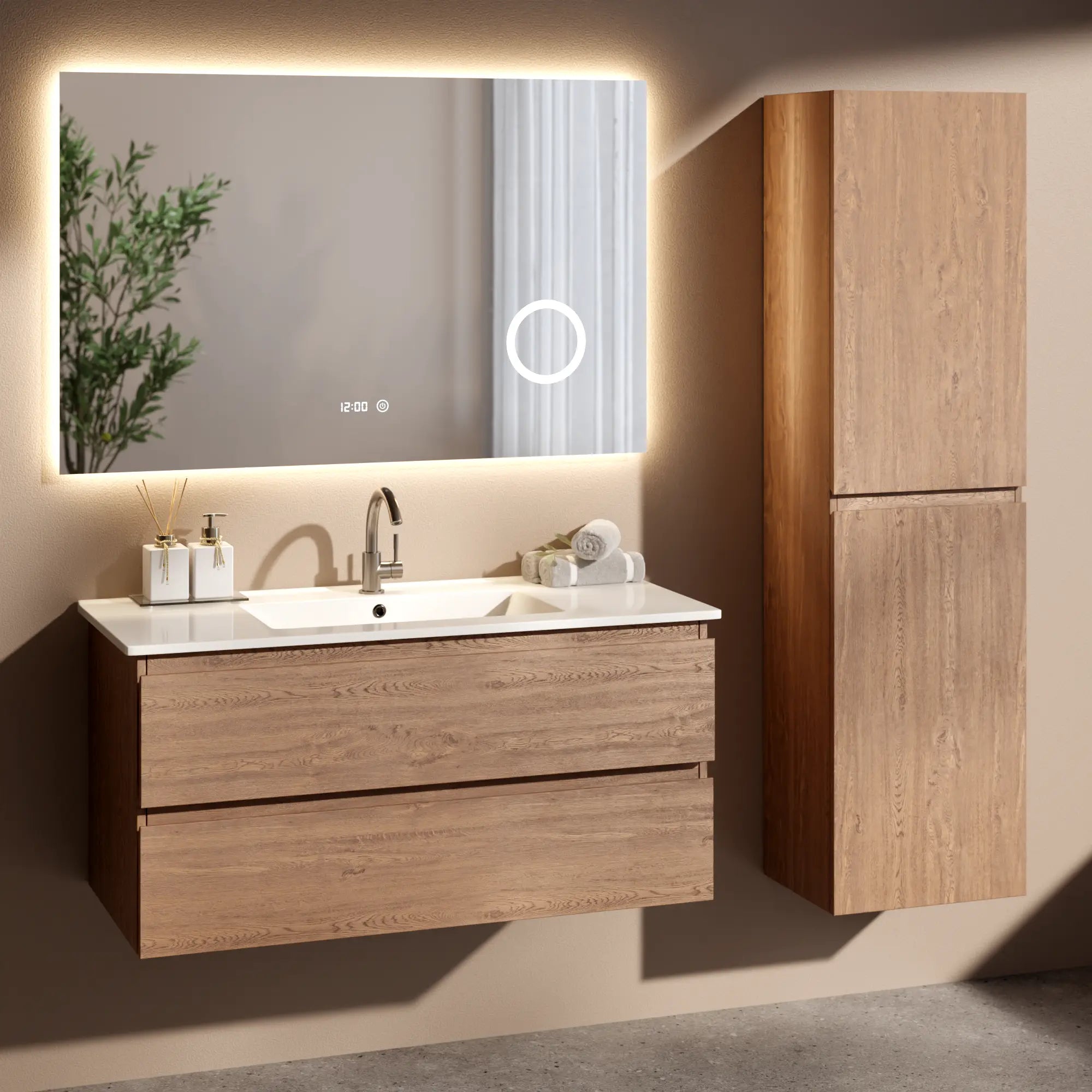 Meuble de salle de bain Varo - 100 cm - Chêne chaud - Lavabo blanc