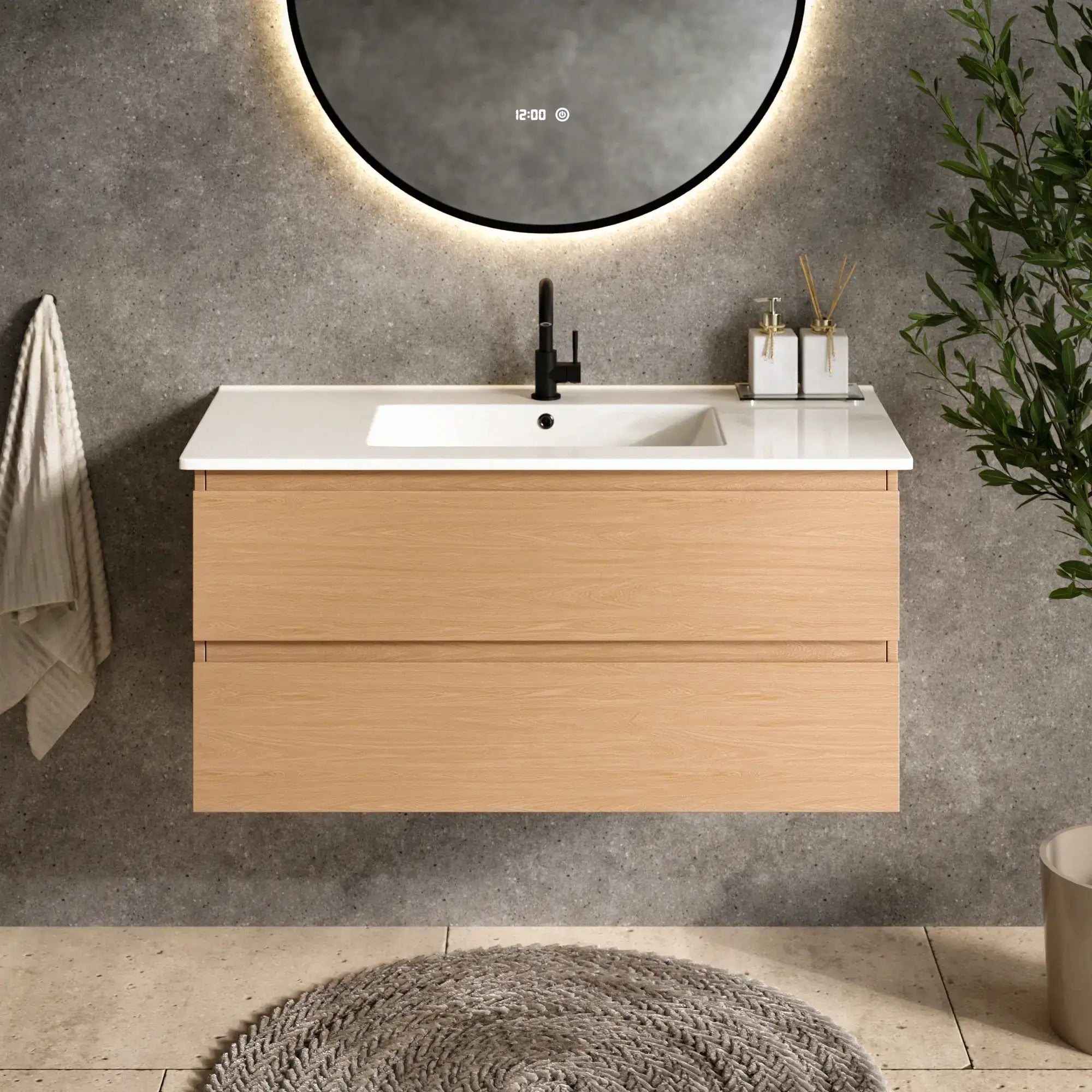 Meuble de salle de bain Varo -100 cm - Chêne clair - Lavabo blanc - Précommander