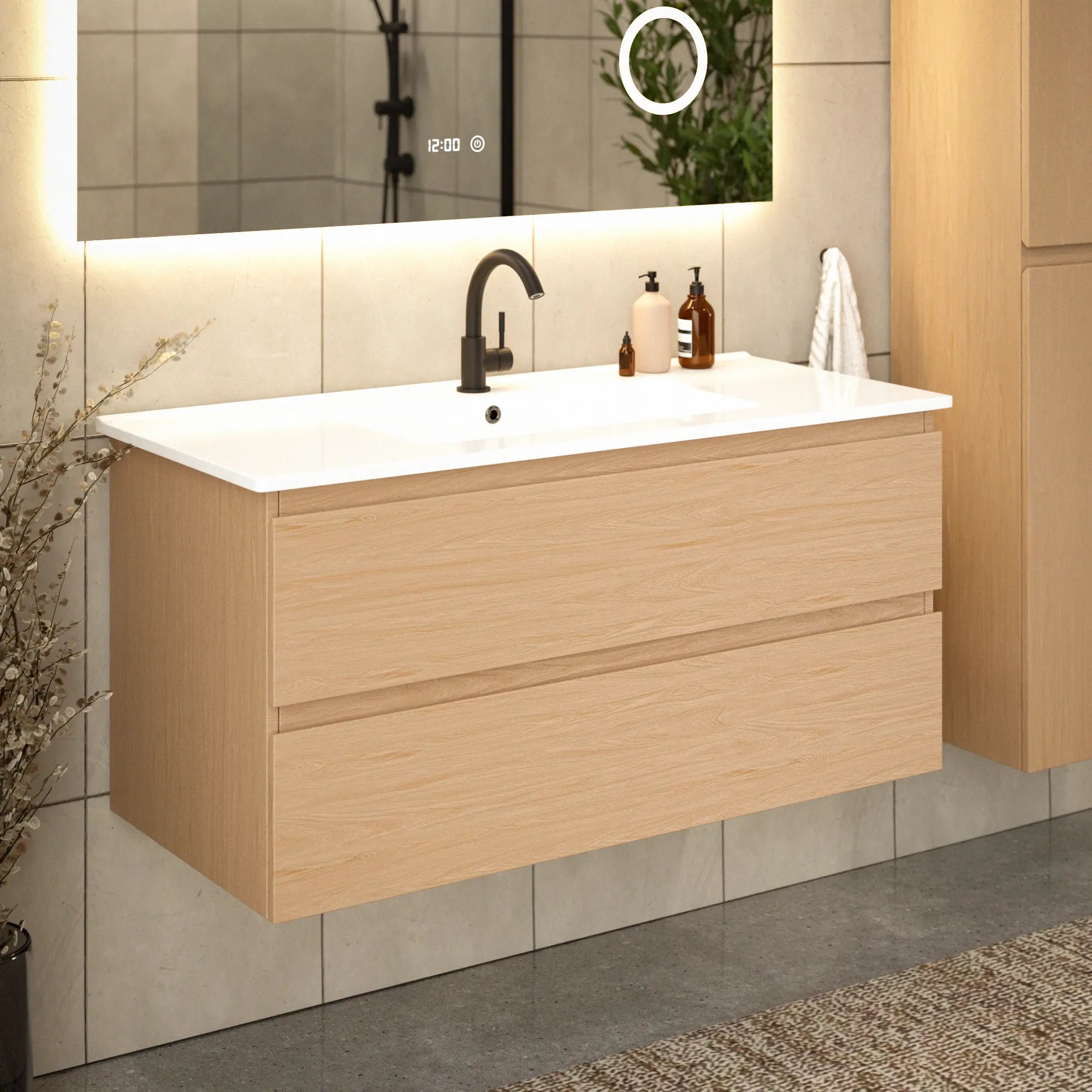 Meuble de salle de bain Varo -100 cm - Chêne clair - Lavabo blanc - Précommander