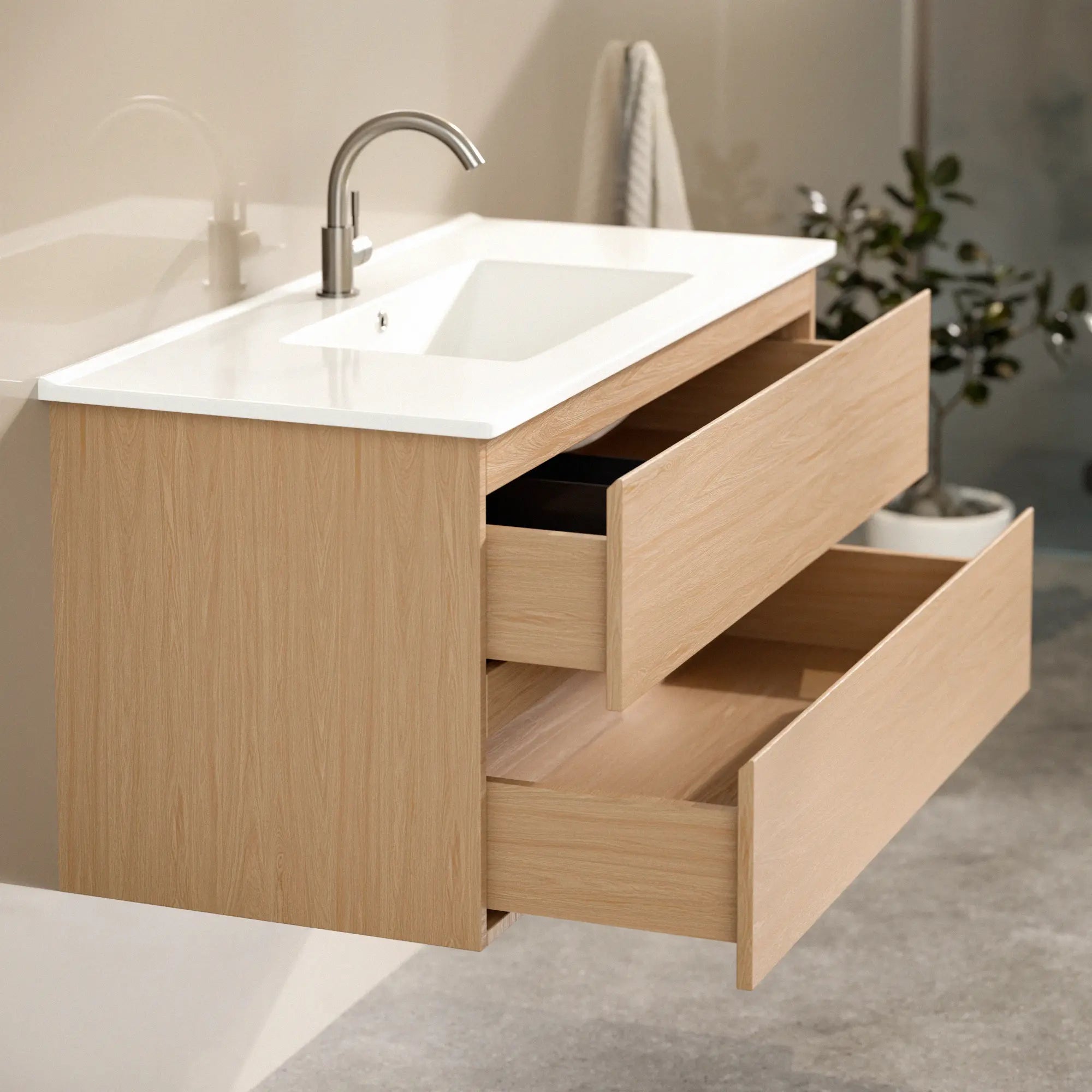 Meuble de salle de bain Varo -100 cm - Chêne clair - Lavabo blanc - Précommander