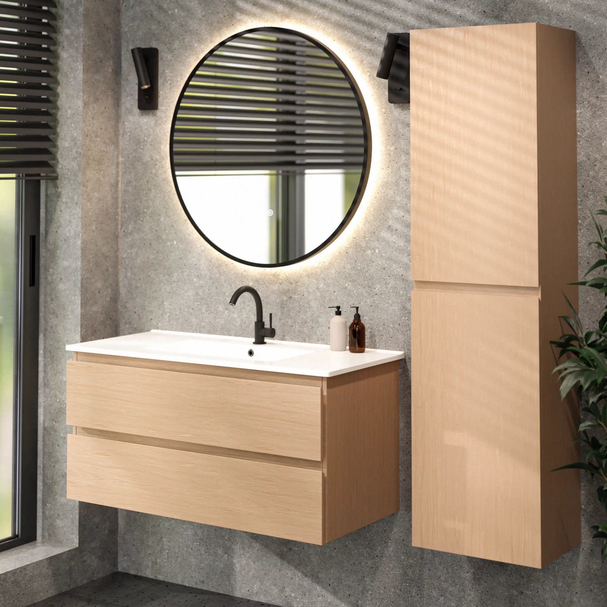 Meuble de salle de bain Varo -100 cm - Chêne clair - Lavabo blanc - Précommander