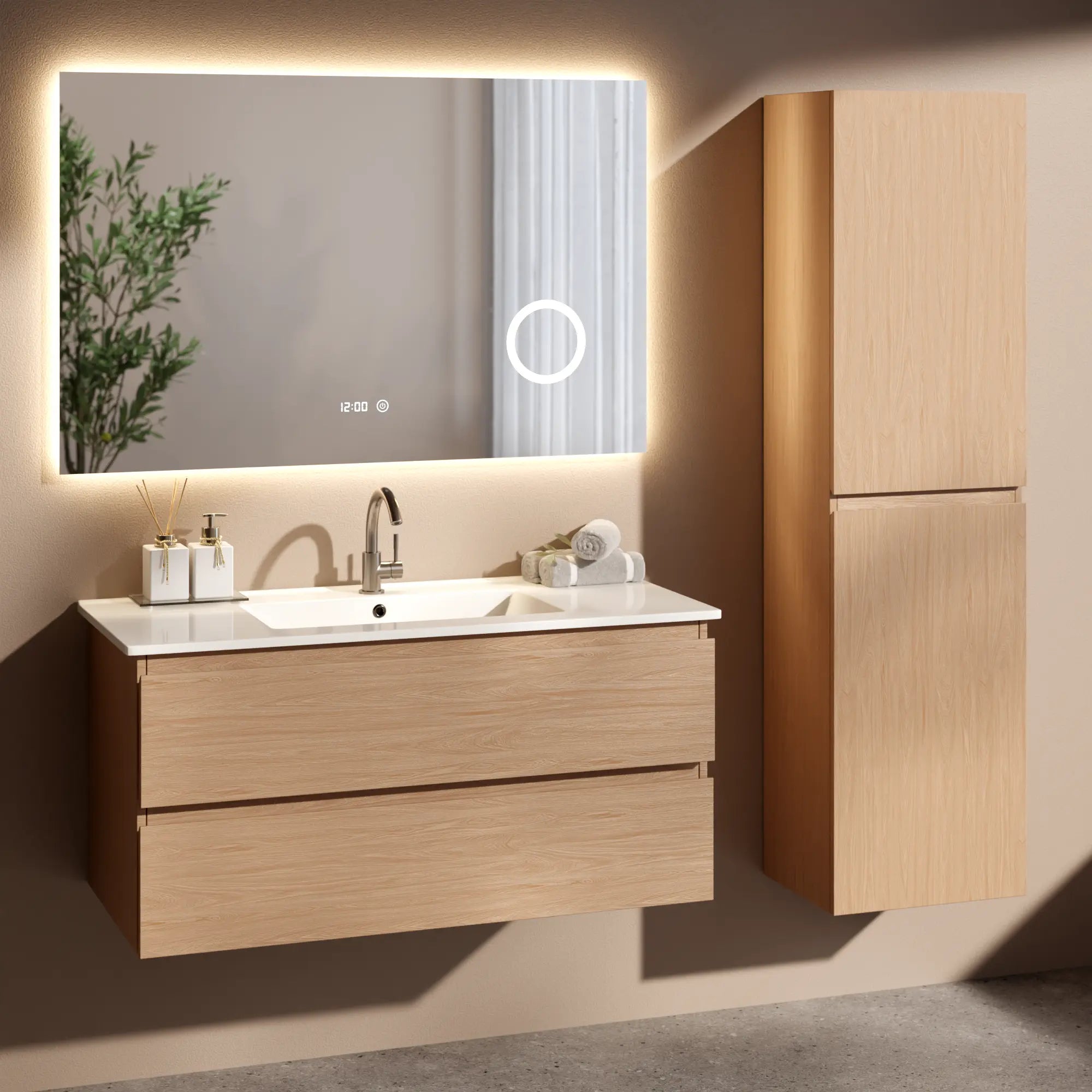 Meuble de salle de bain Varo -100 cm - Chêne clair - Lavabo blanc - Précommander