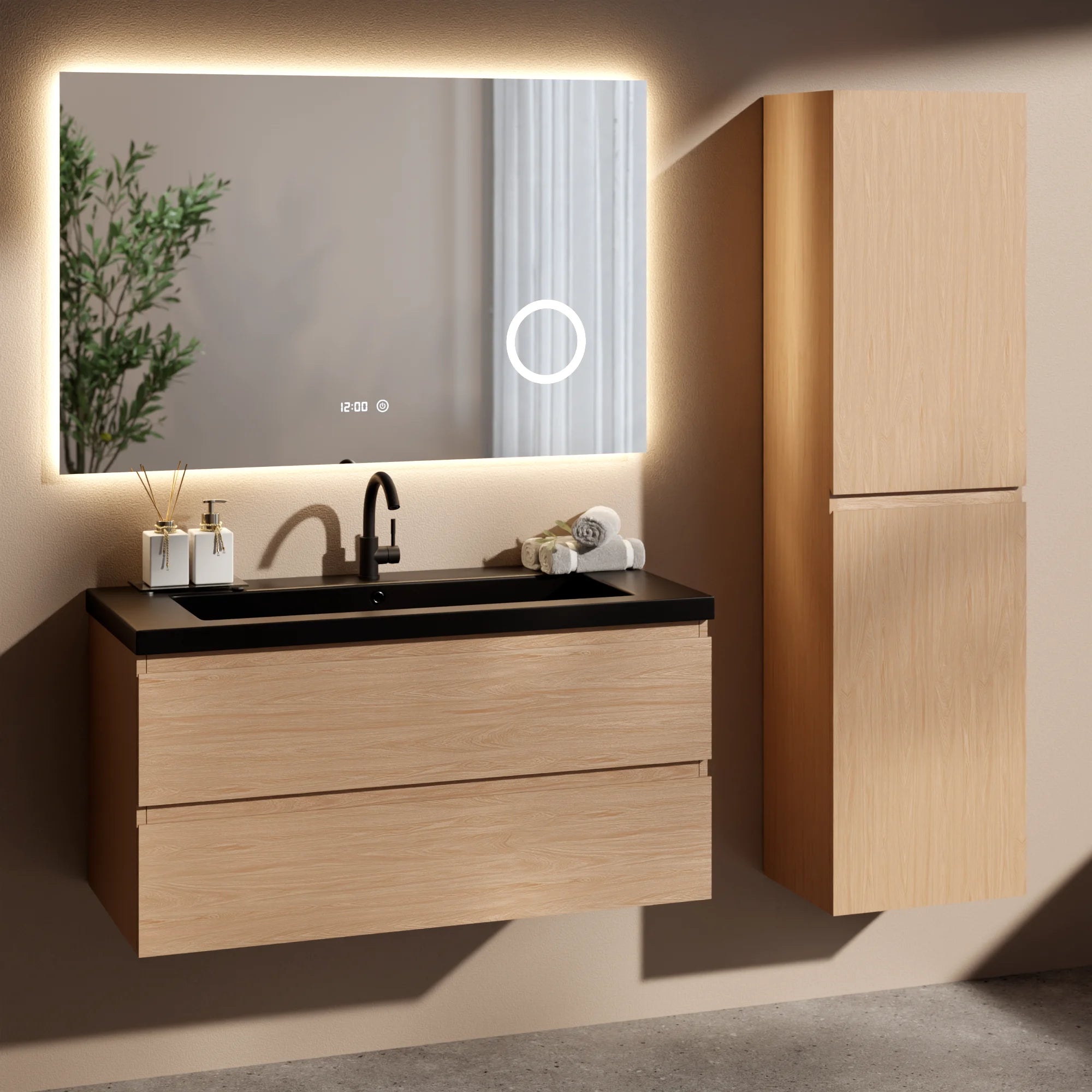 Ensemble meuble vasque Monaco – 100 cm – Chêne Clair – Lavabo Noir - Précommander