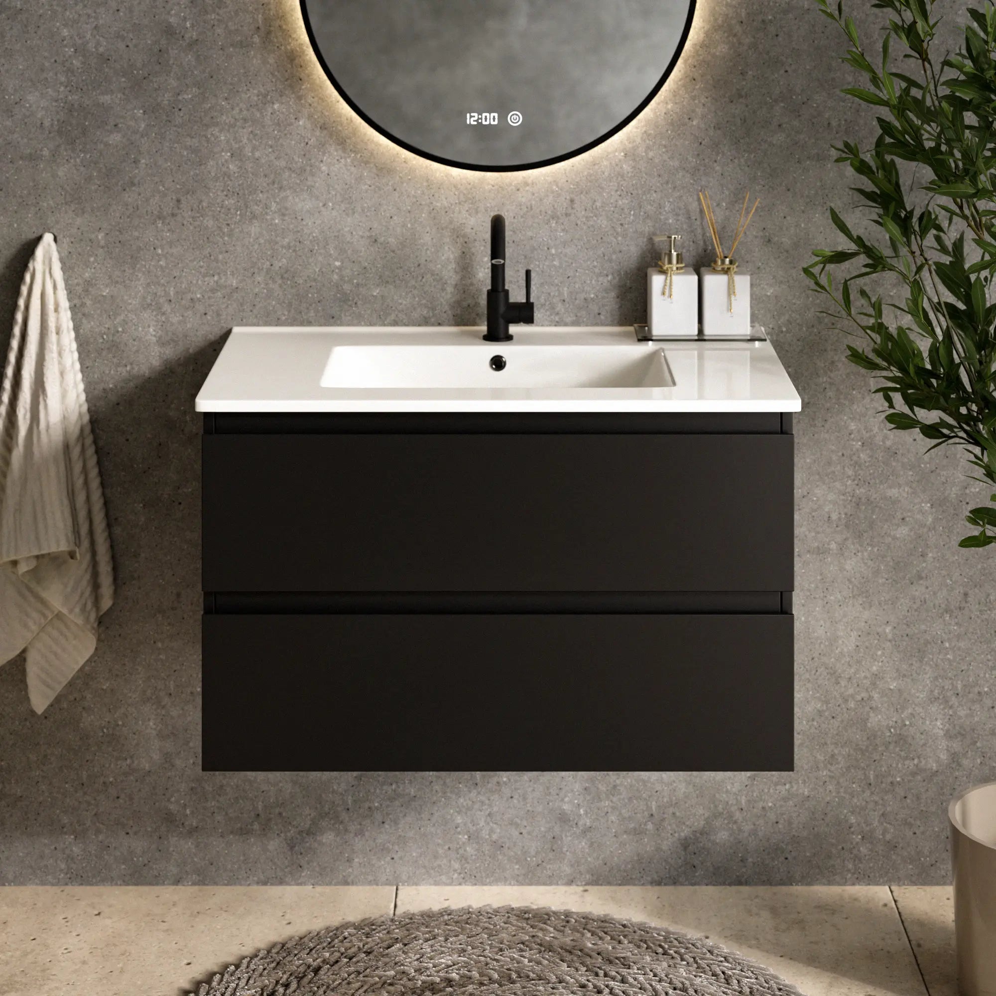 Meuble de salle de bain Luma - 80 cm - Noir - Lavabo blanc - Précommander