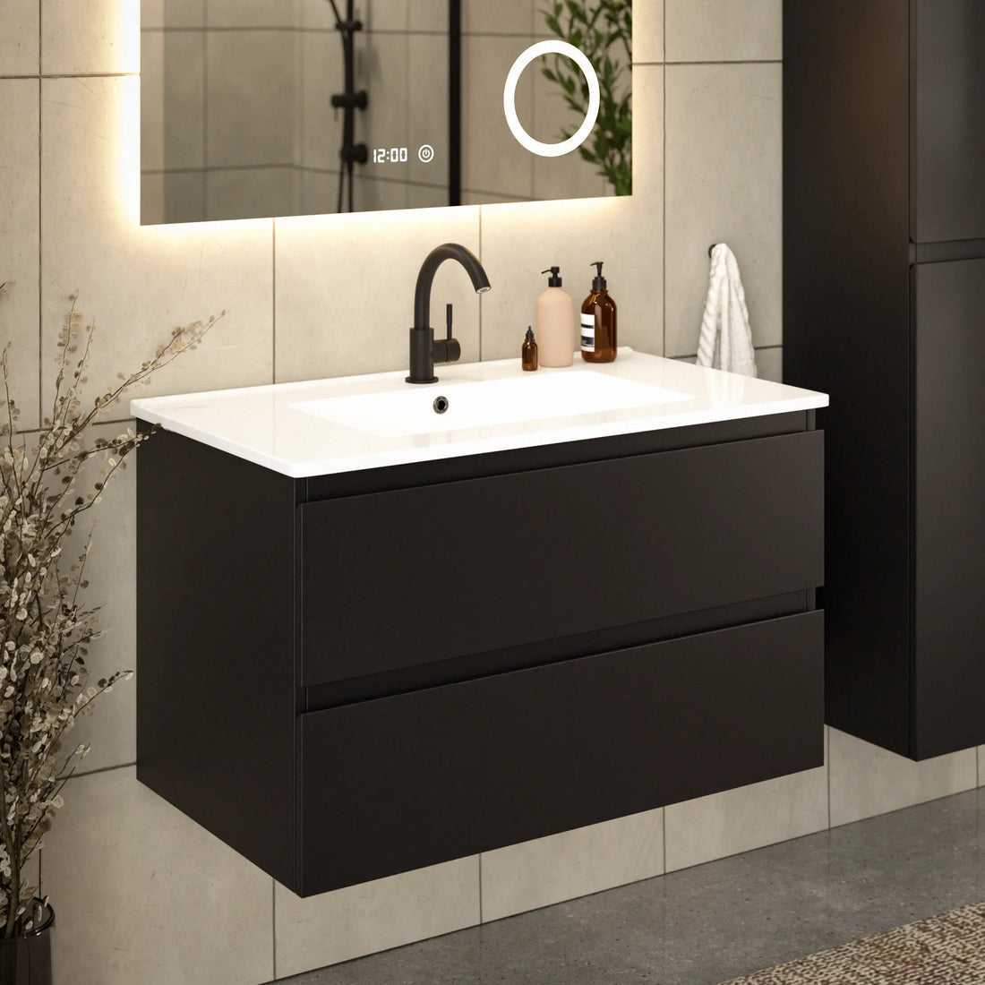 Meuble de salle de bain Luma - 80 cm - Noir - Lavabo Blanc