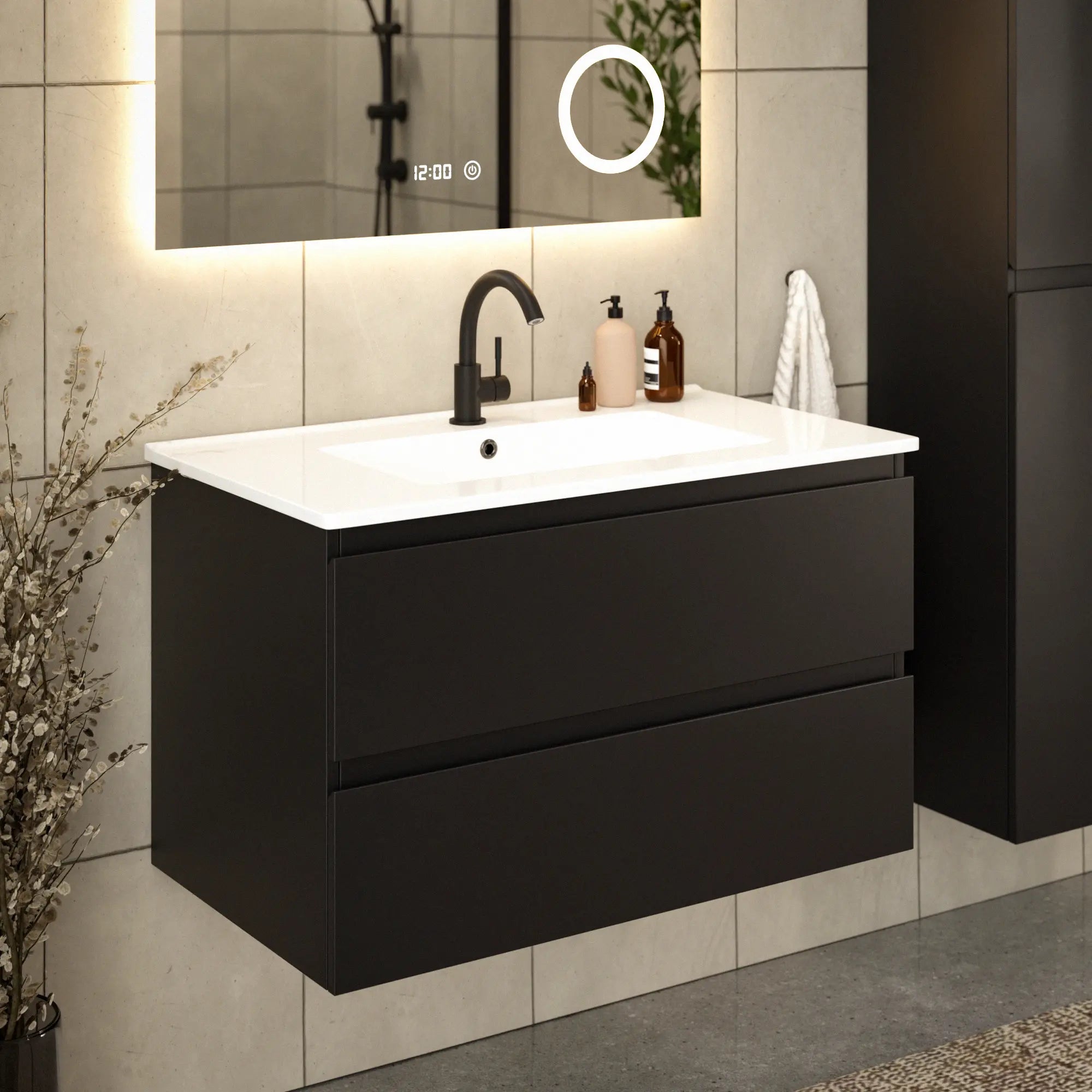 Meuble de salle de bain Luma - 80 cm - Noir - Lavabo blanc - Précommander