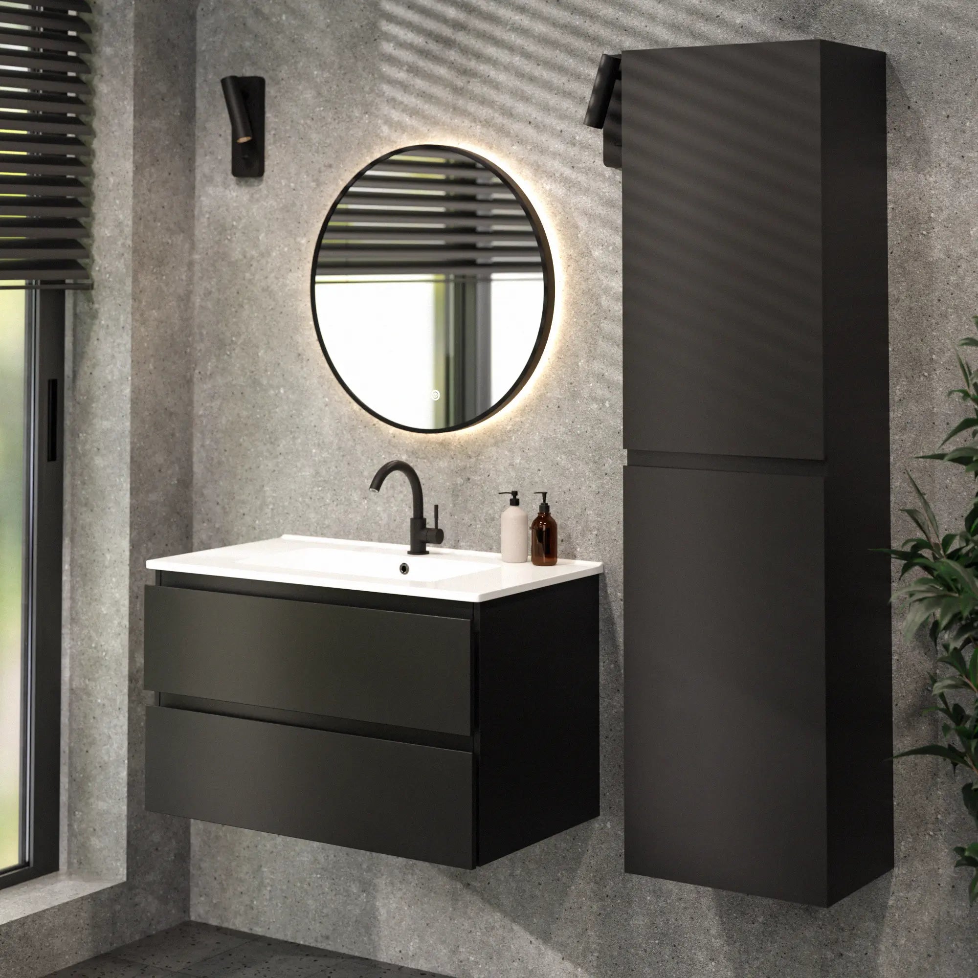Meuble de salle de bain Luma - 80 cm - Noir - Lavabo blanc - Précommander