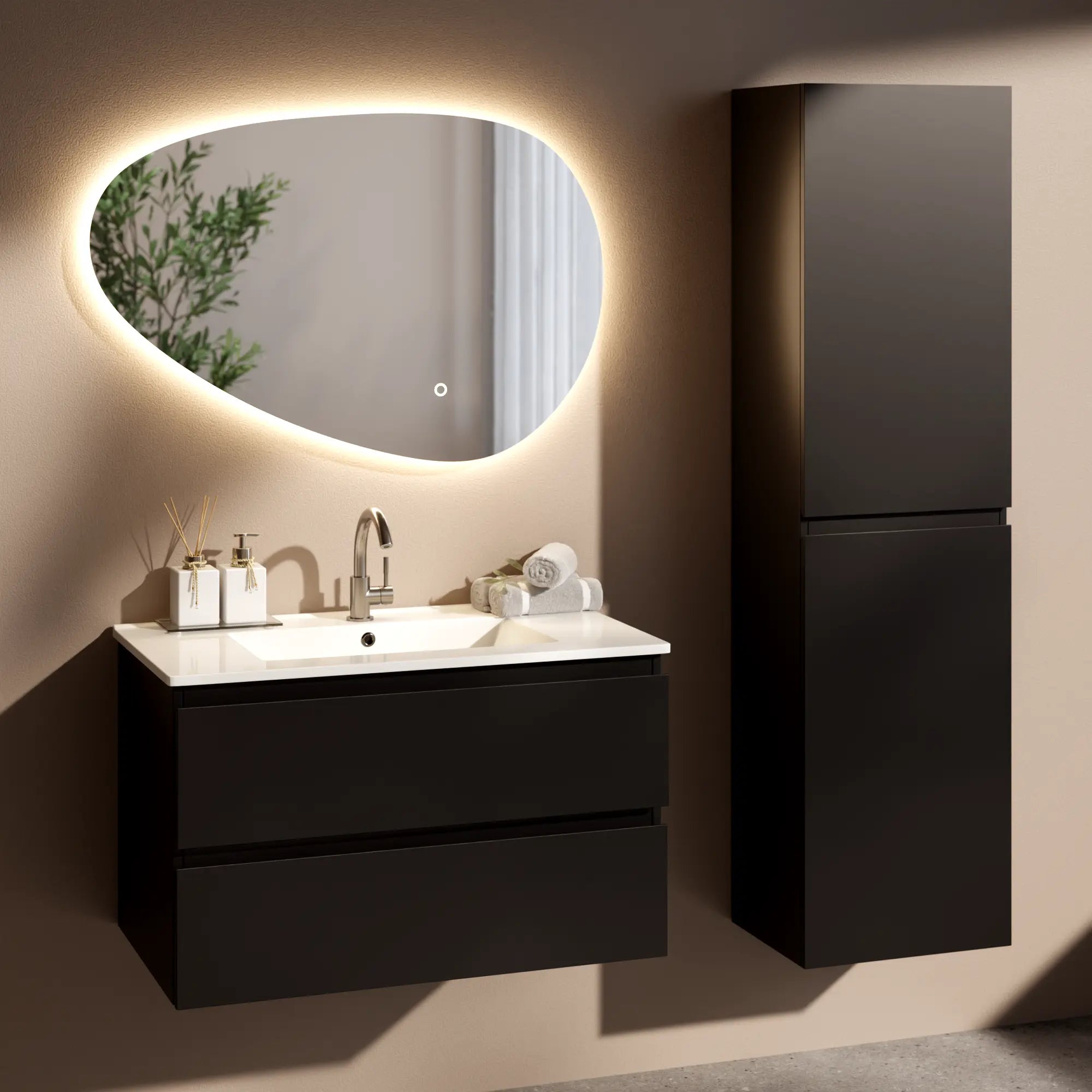 Meuble de salle de bain Luma - 80 cm - Noir - Lavabo blanc - Précommander