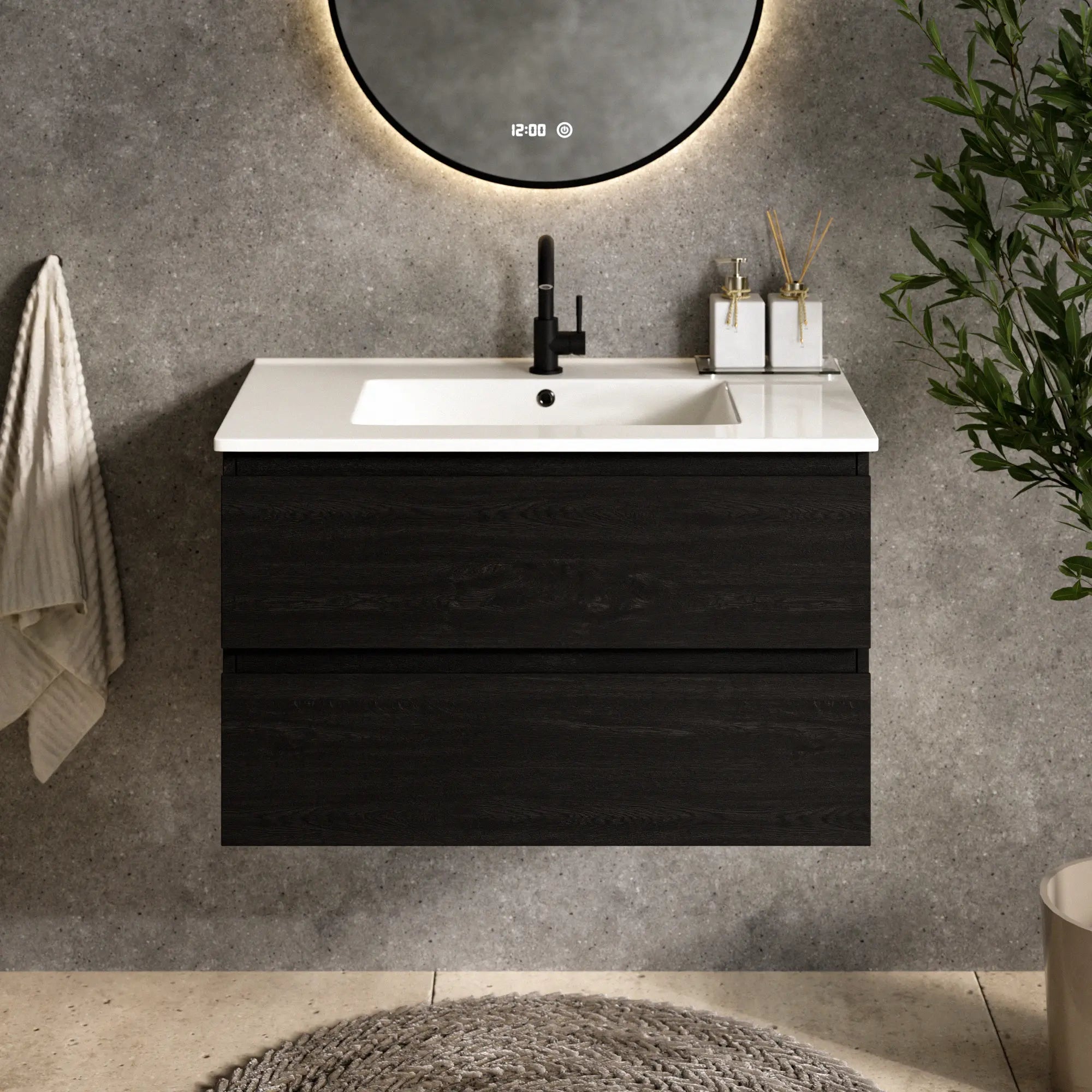 Meuble de salle de bain Luma - 80 cm - Chêne noir - Lavabo blanc - Précommander