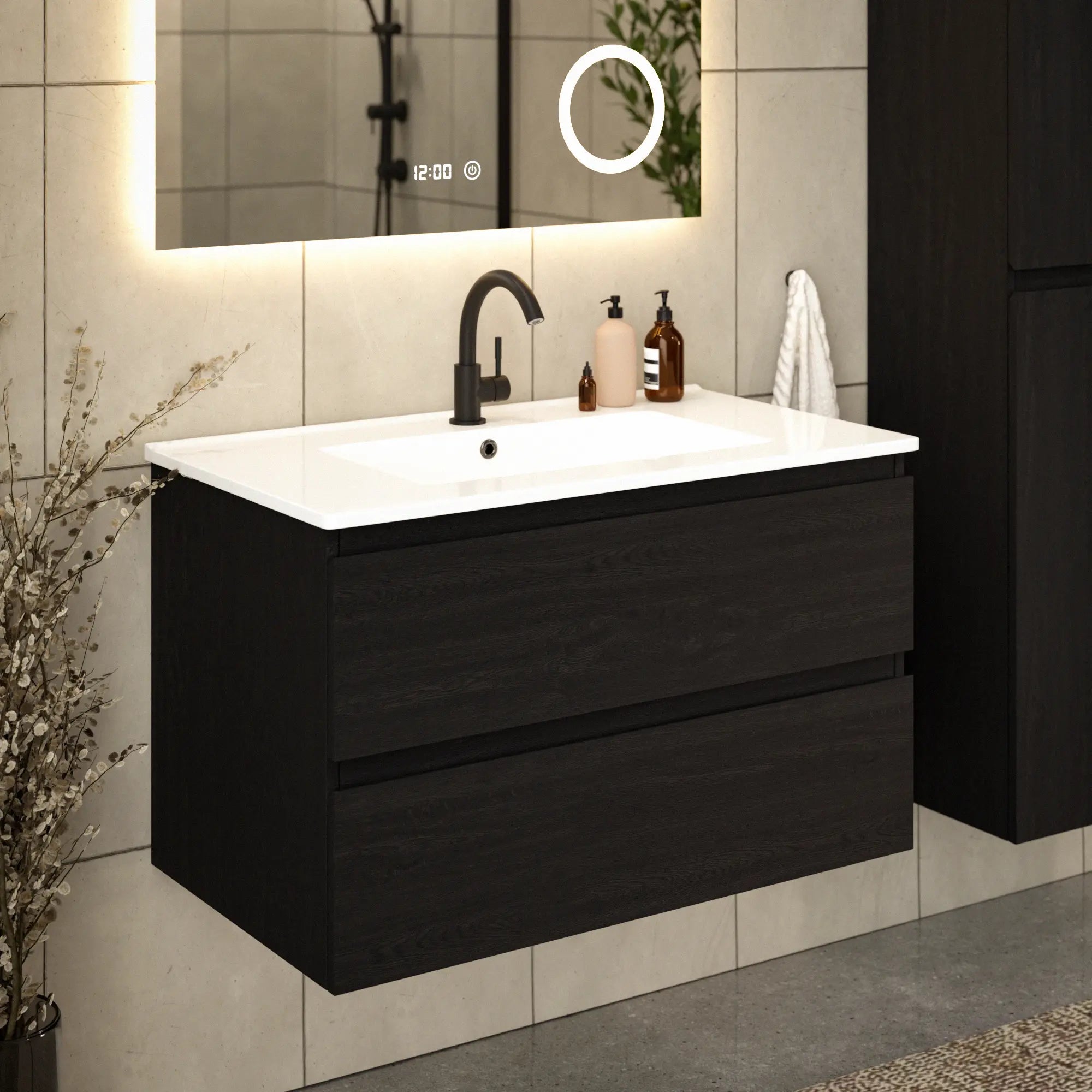 Meuble de salle de bain Luma - 80 cm - Chêne noir - Lavabo blanc - Précommander
