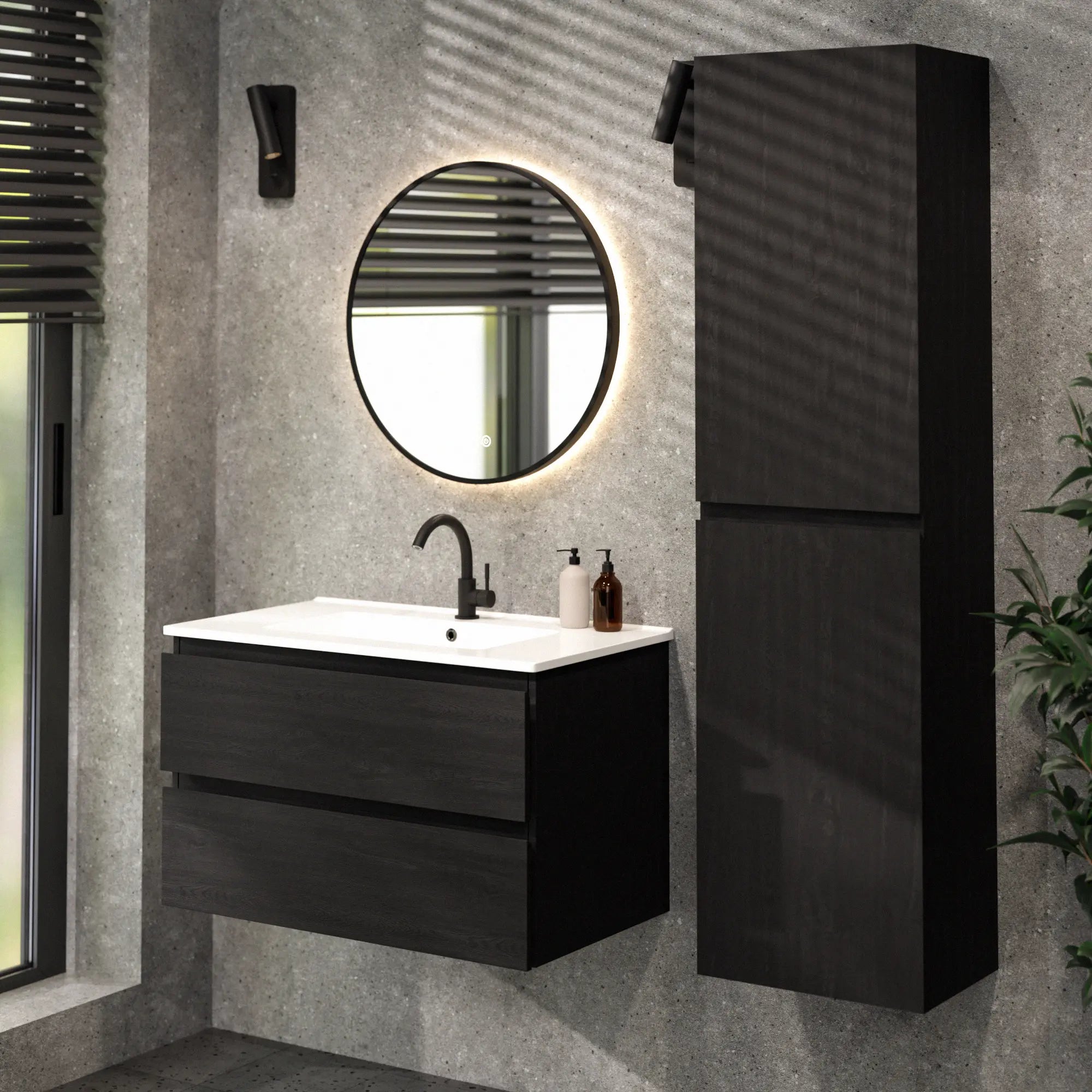 Meuble de salle de bain Luma - 80 cm - Chêne noir - Lavabo blanc - Précommander