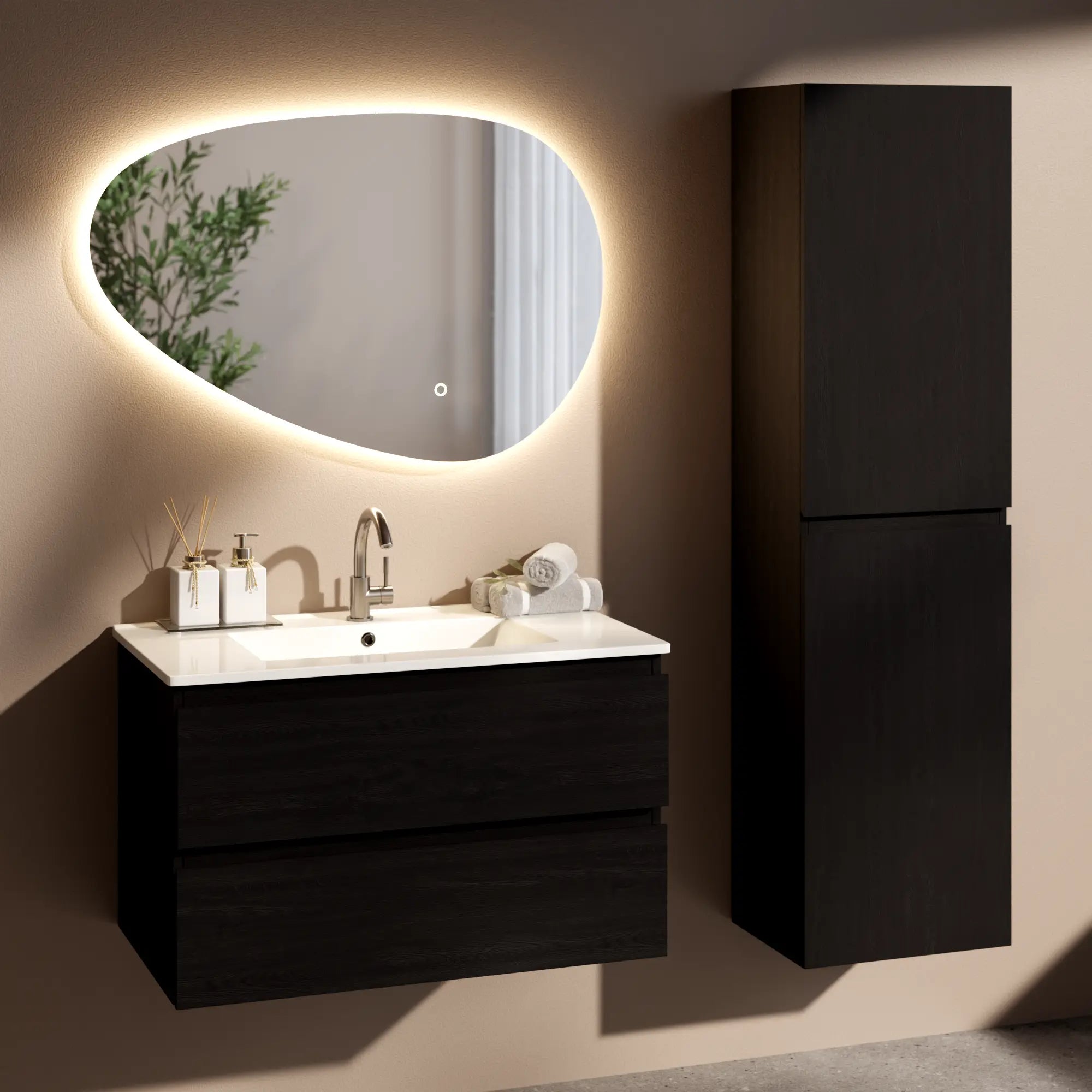 Meuble de salle de bain Luma - 80 cm - Chêne noir - Lavabo blanc - Précommander