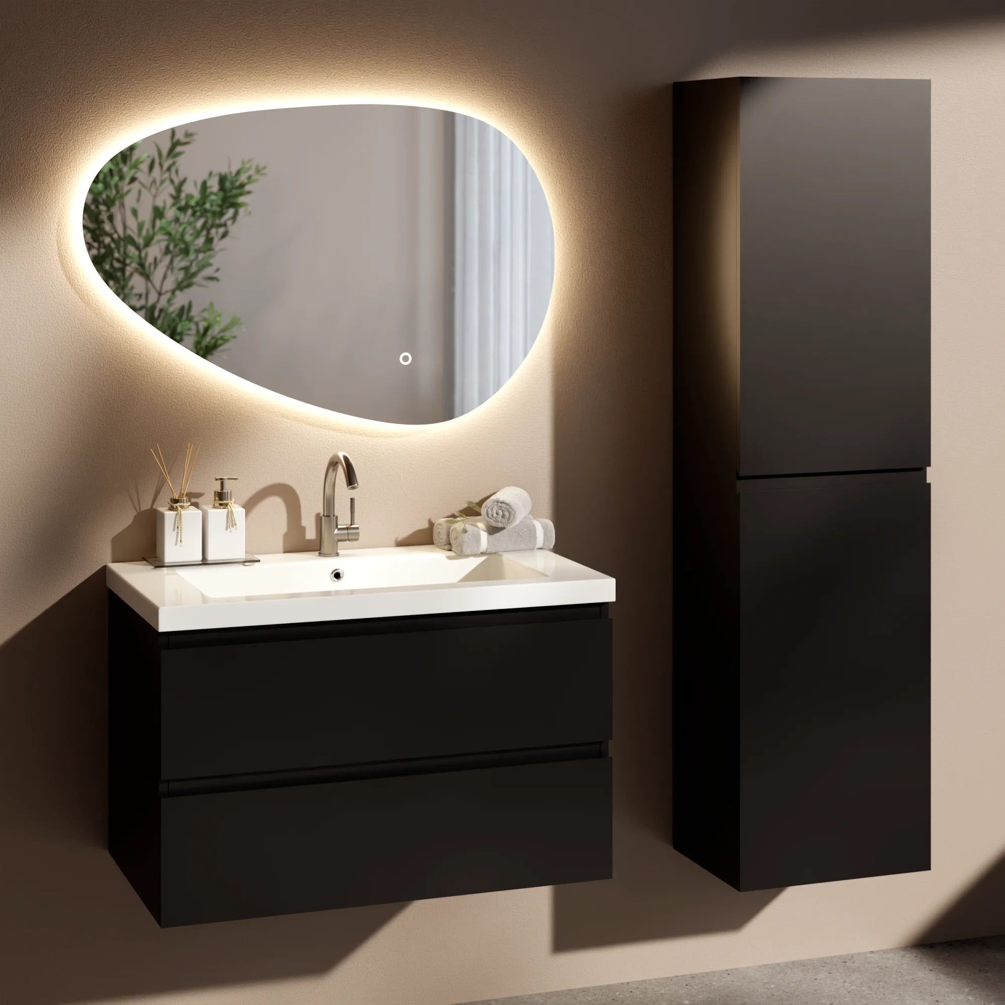 Ensemble meuble vasque Lunaro – 80 cm – Noir Mat – Lavabo Blanc