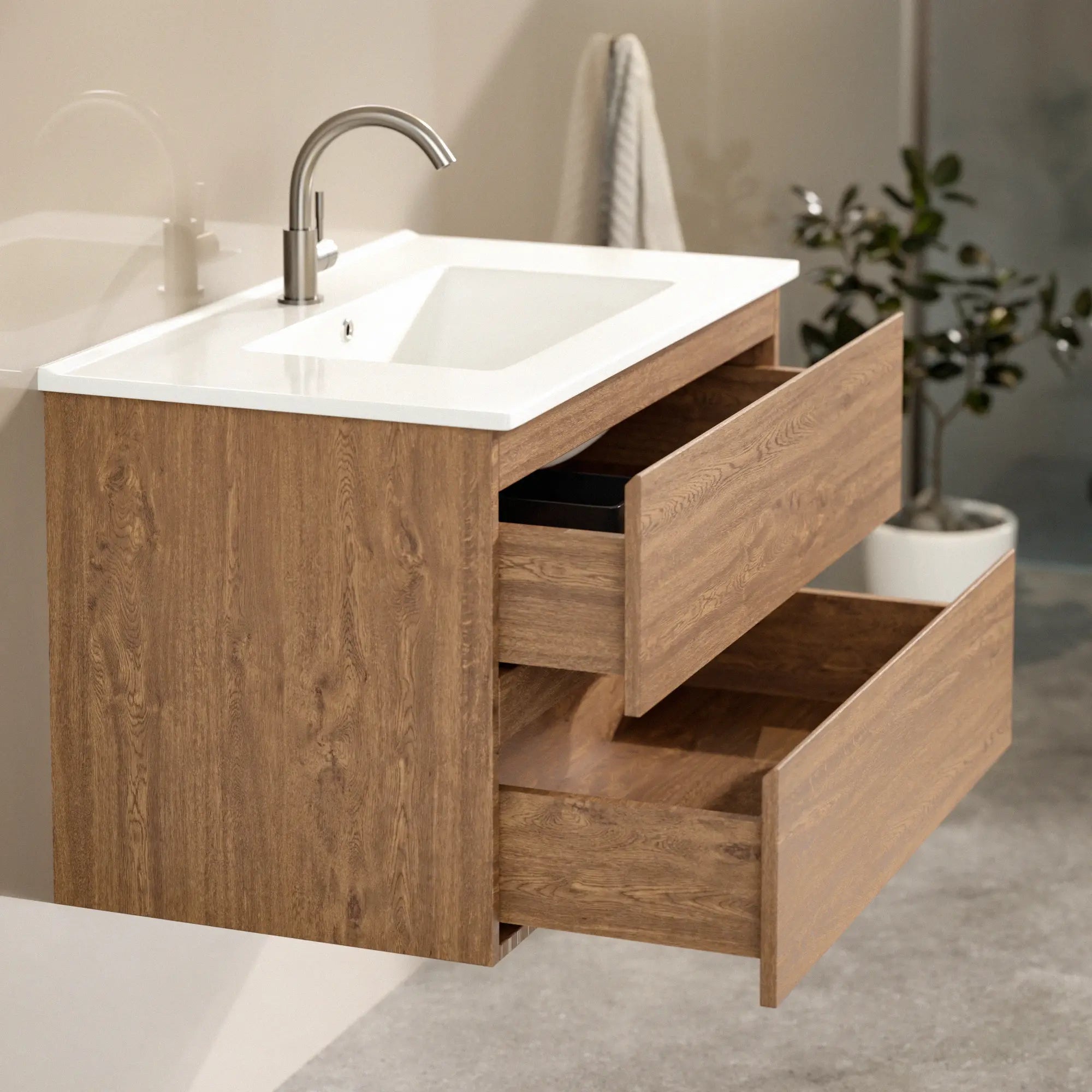 Meuble de salle de bain Luma - 80 cm - Chêne chaud - Lavabo blanc - PRÉCOMMANDE - Précommander
