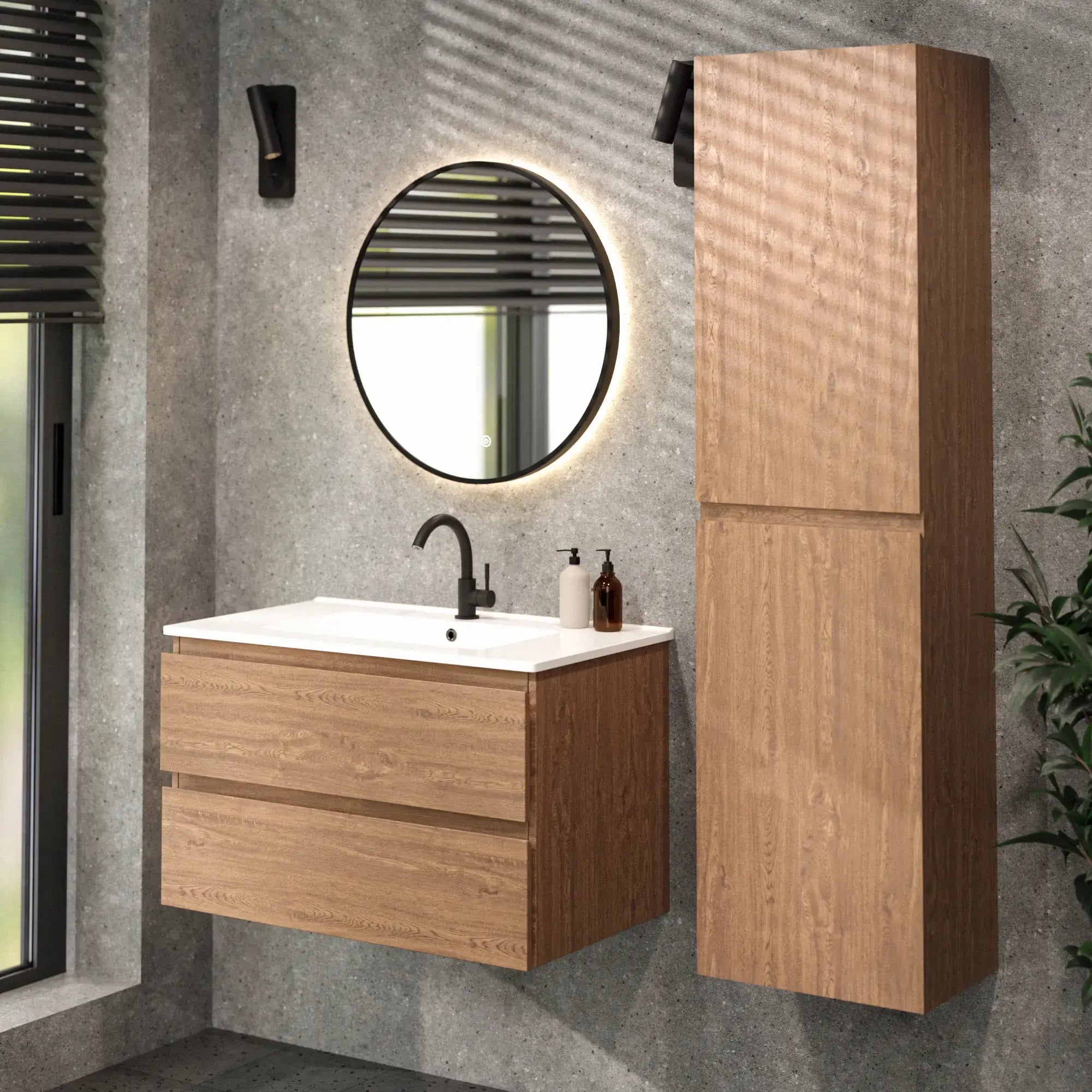 Meuble de salle de bain Luma - 80 cm - Chêne chaud - Lavabo blanc - PRÉCOMMANDE - Précommander