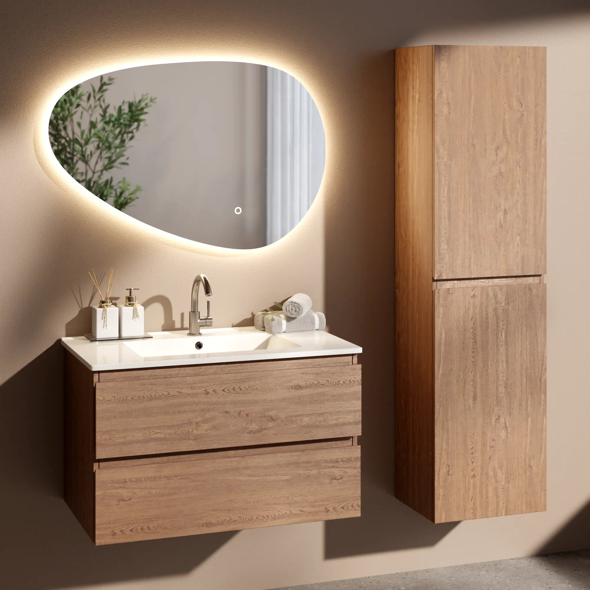 Meuble de salle de bain Luma - 80 cm - Chêne chaud - Lavabo blanc - PRÉCOMMANDE - Précommander