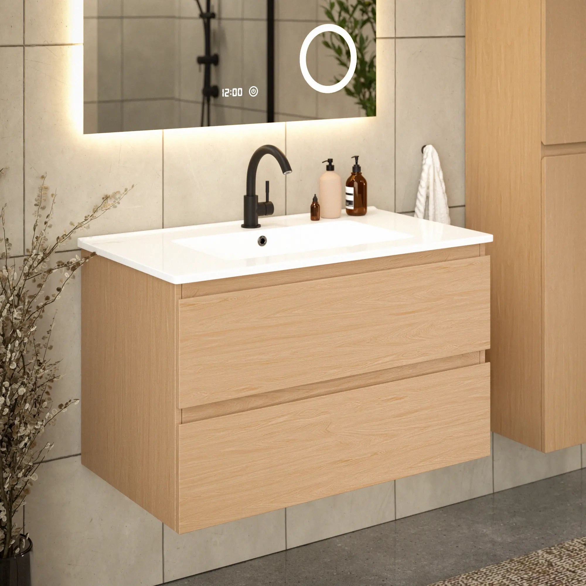 Meuble de salle de bain Luma - 80 cm - Chêne clair - Lavabo blanc - Précommander