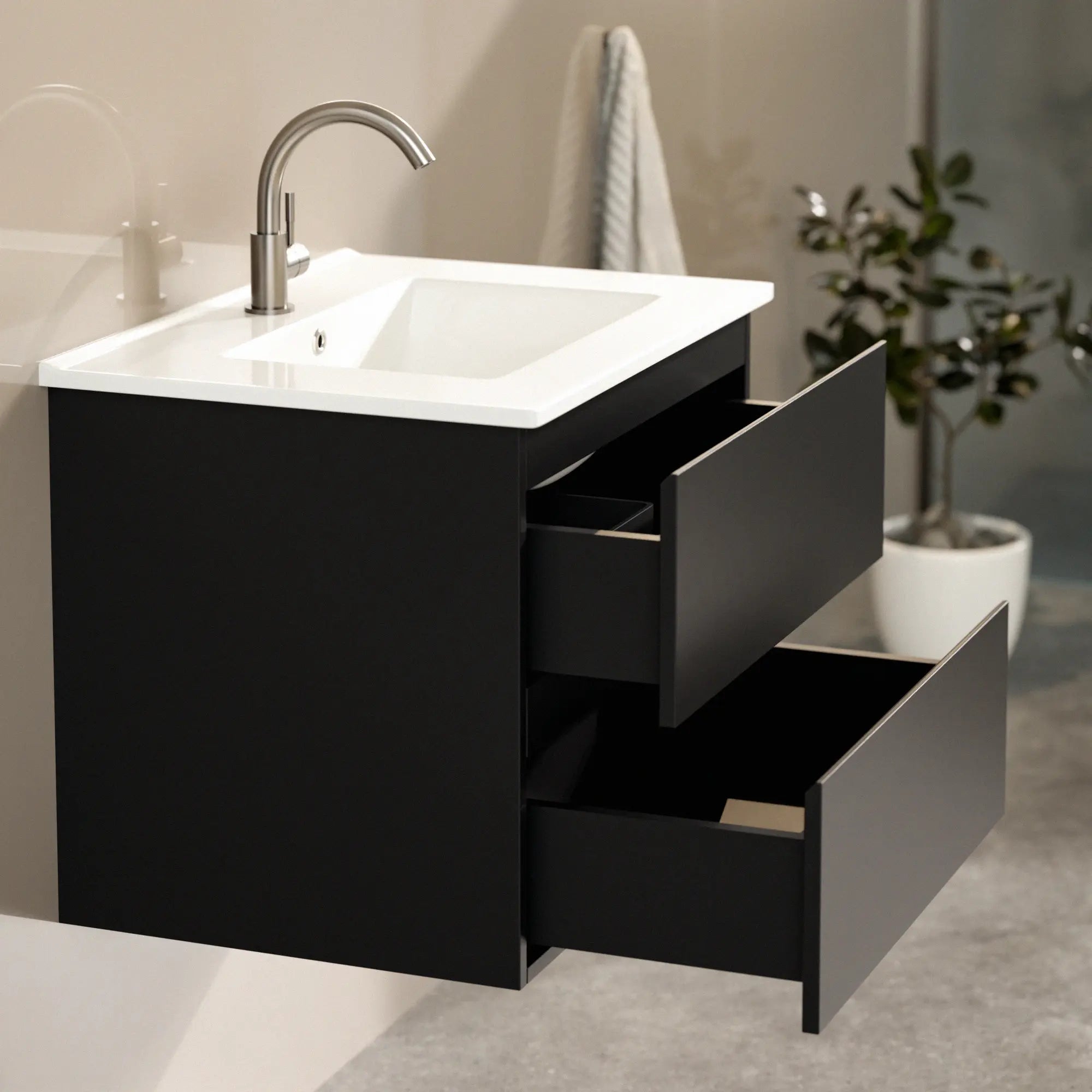 Meuble de salle de bain Norvi - 60 cm - Noir - Lavabo blanc - Précommander