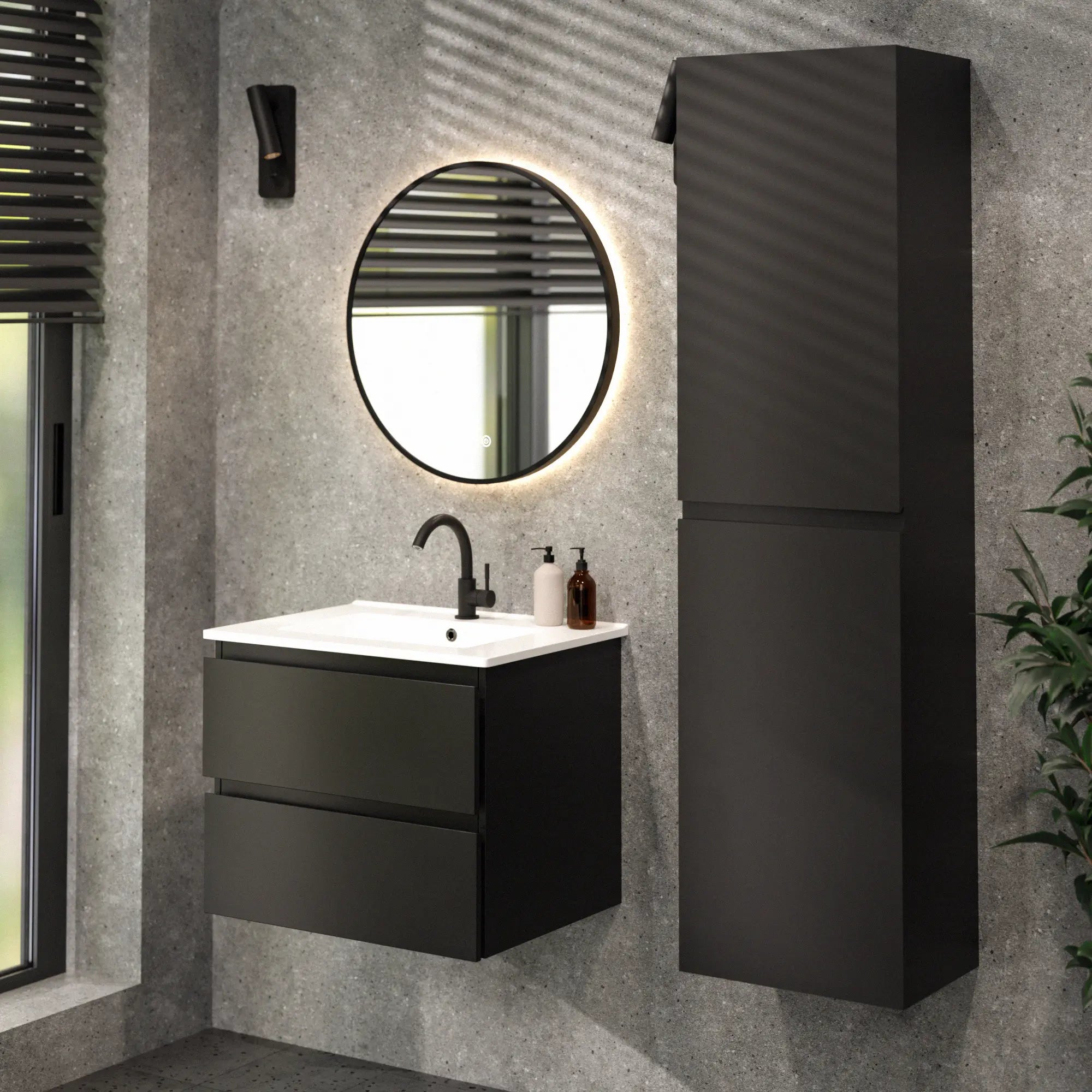 Meuble de salle de bain Norvi - 60 cm - Noir - Lavabo blanc - Précommander