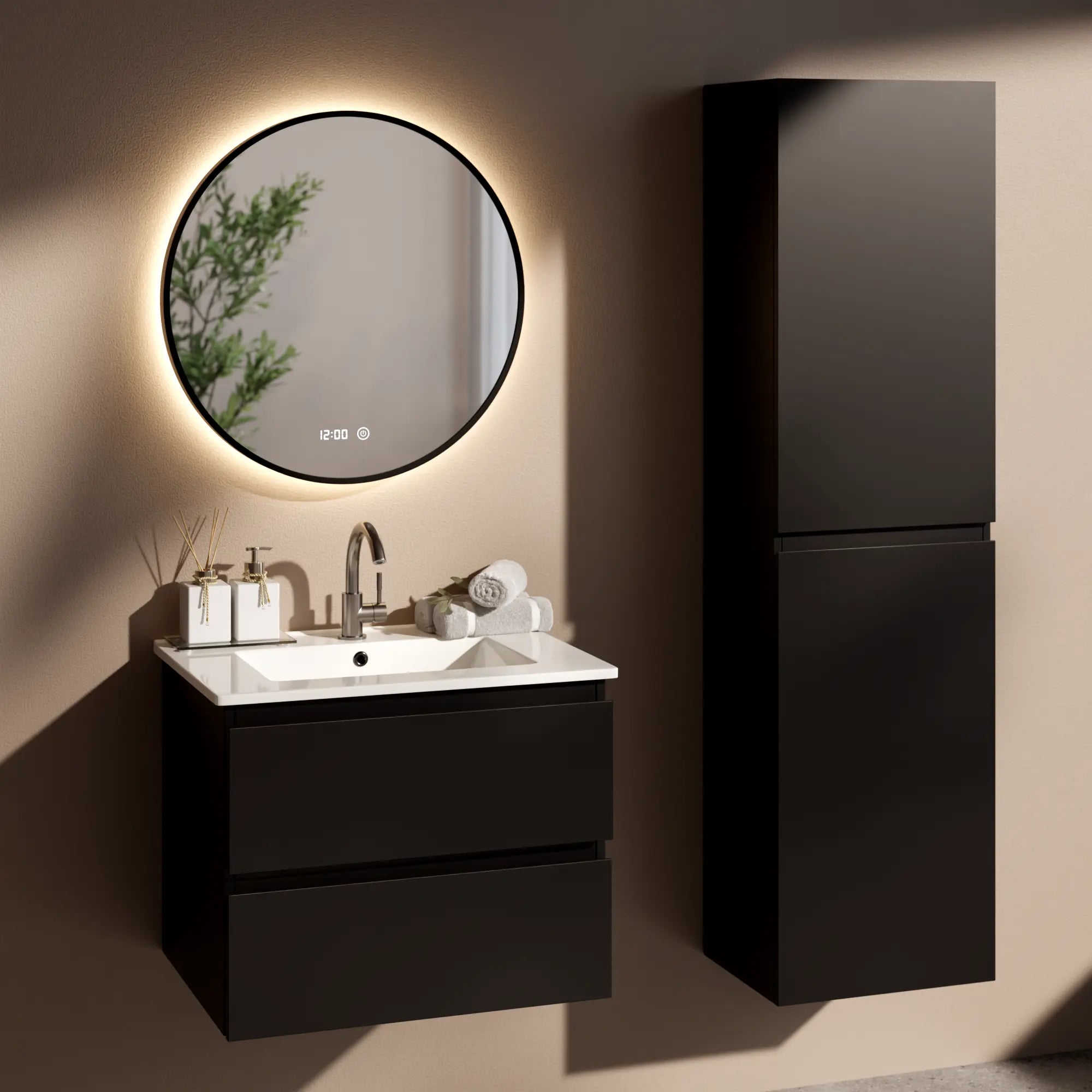 Meuble de salle de bain Norvi - 60 cm - Noir - Lavabo blanc - Précommander