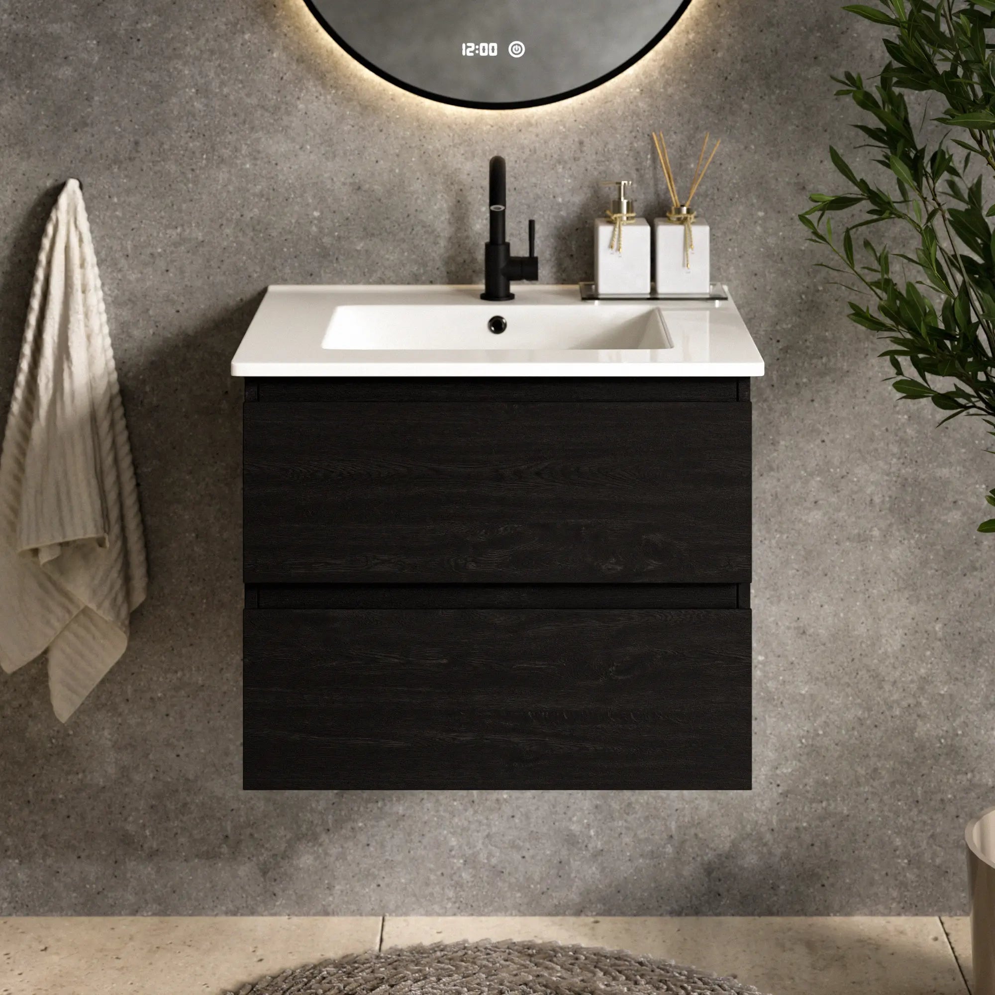Meuble de salle de bain Norvi - 60 cm - chêne noir - lavabo blanc - Précommander