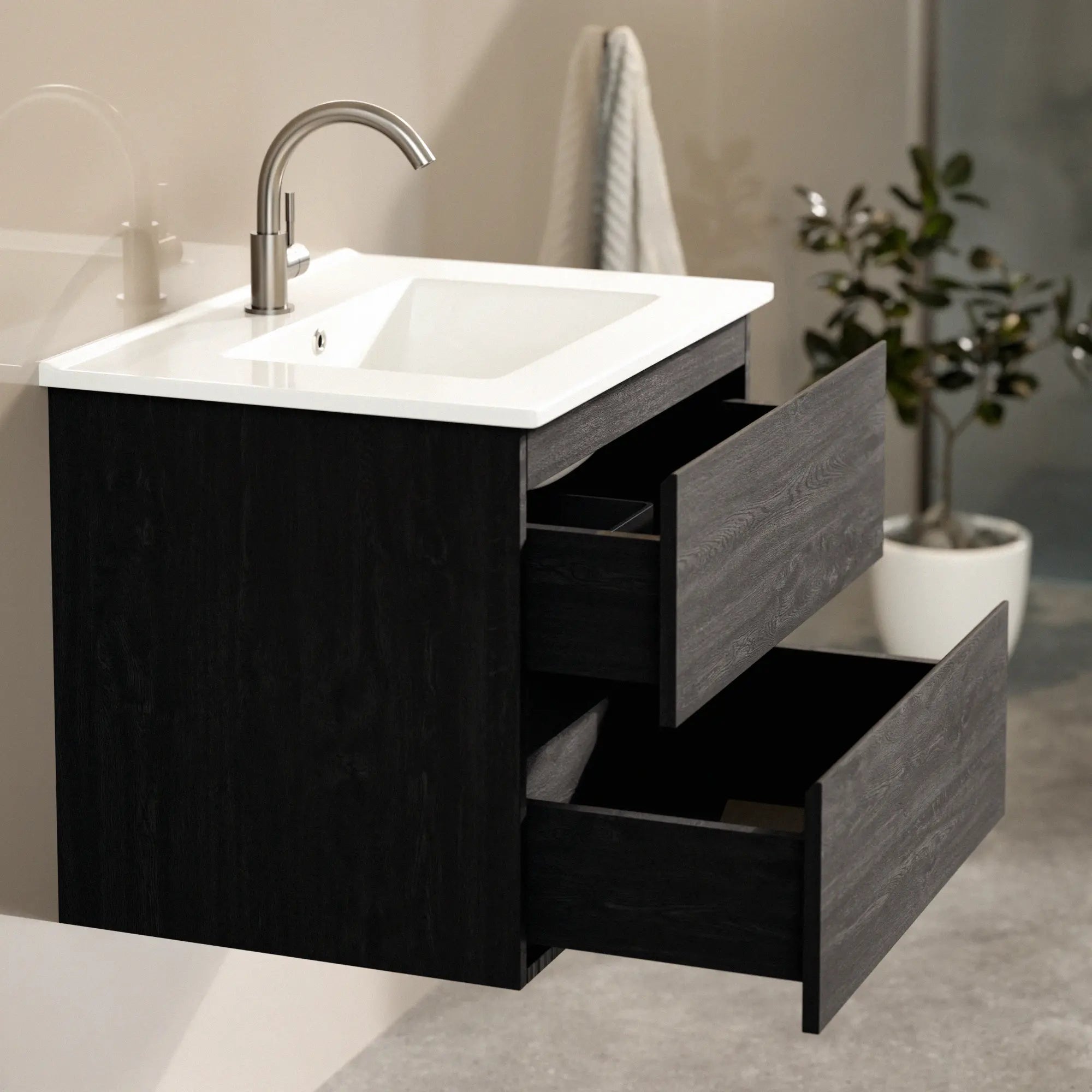 Meuble de salle de bain Norvi - 60 cm - chêne noir - lavabo blanc - Précommander