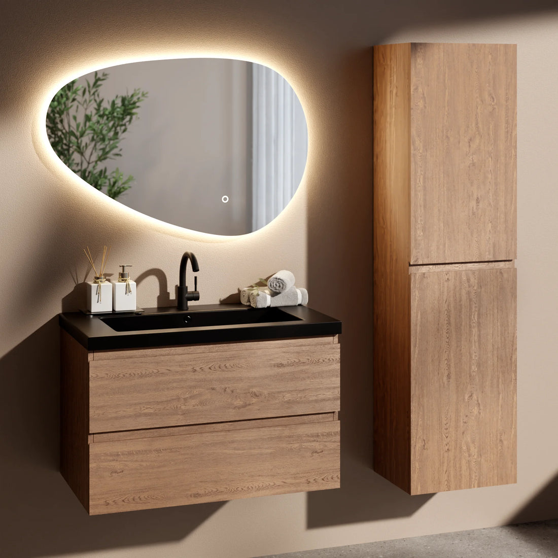 Ensemble de Meubles de salle de bain Verona – 80 cm – Chene Chaud – Lavabo Noir