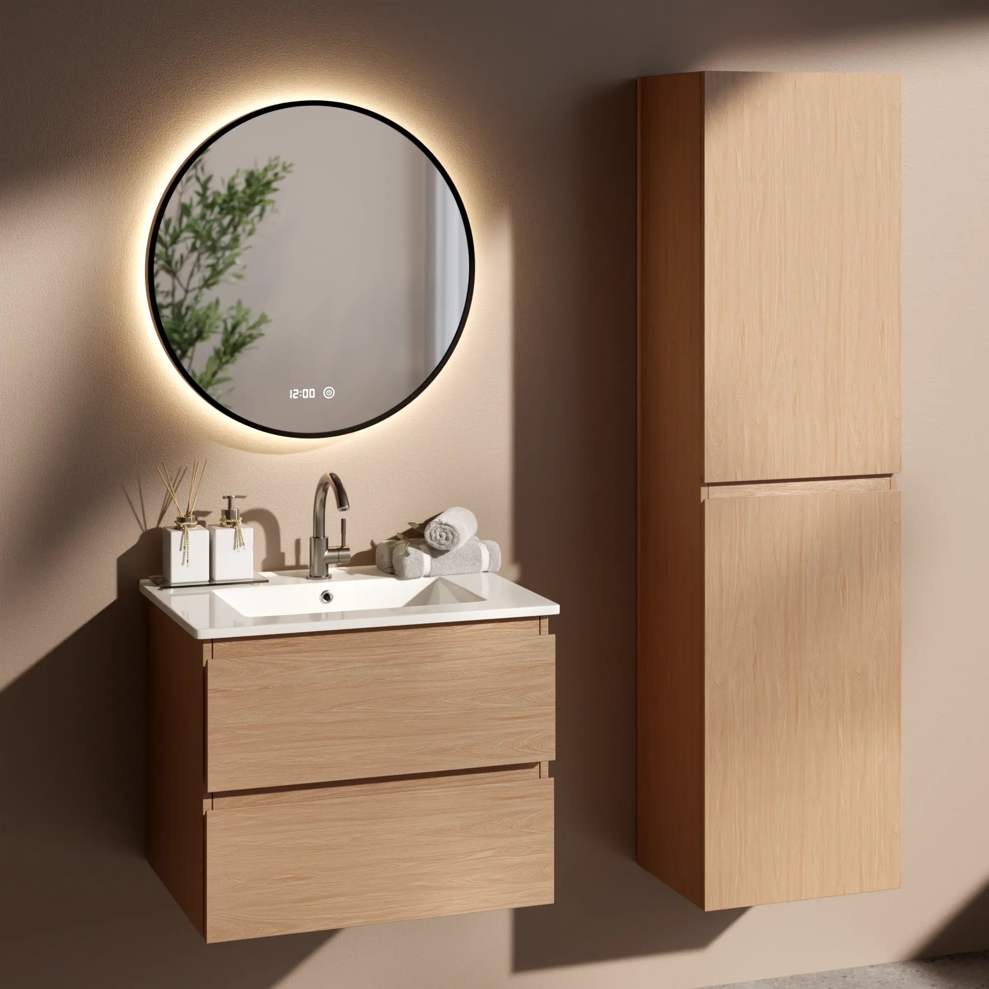 Meuble de salle de bain Norvi - 60 cm - Chêne clair - Lavabo blanc - PRÉCOMMANDE - Précommander