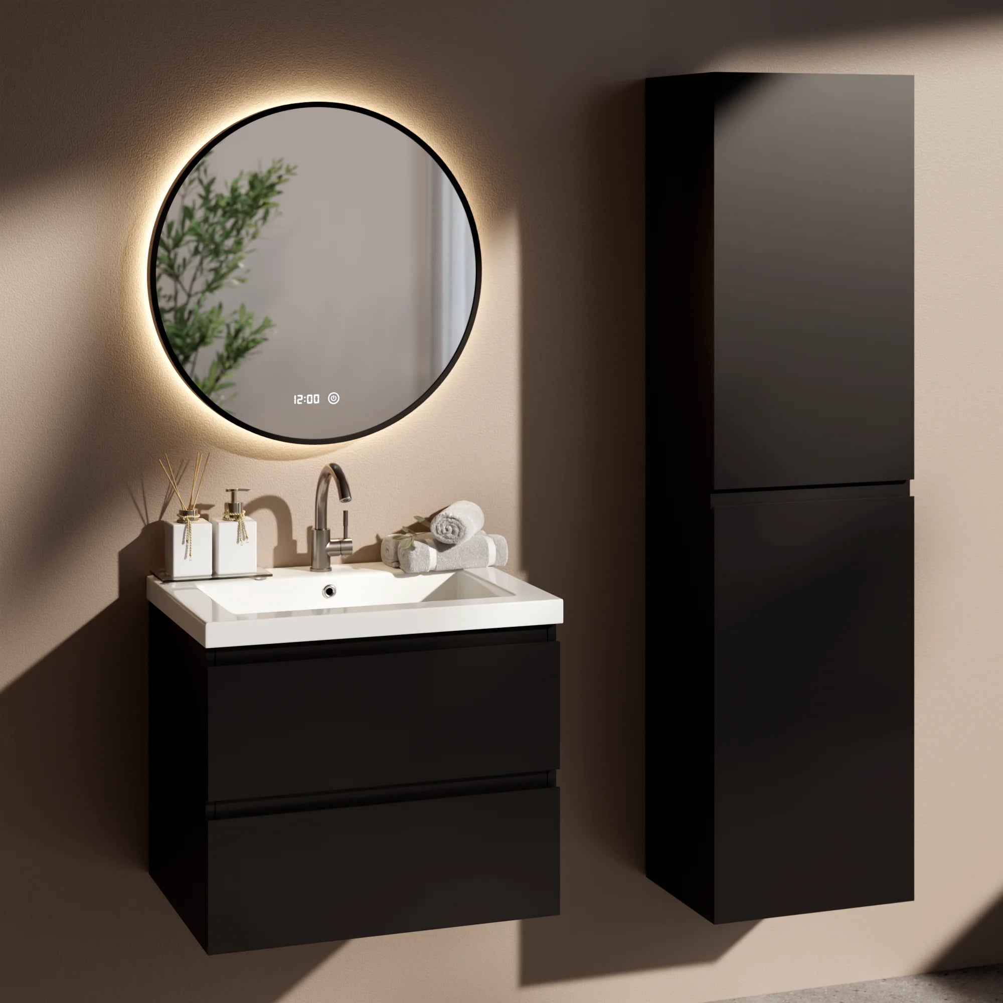 Ensemble meuble vasque Lunaro – 60 cm – Noir Mat – Lavabo Blanc