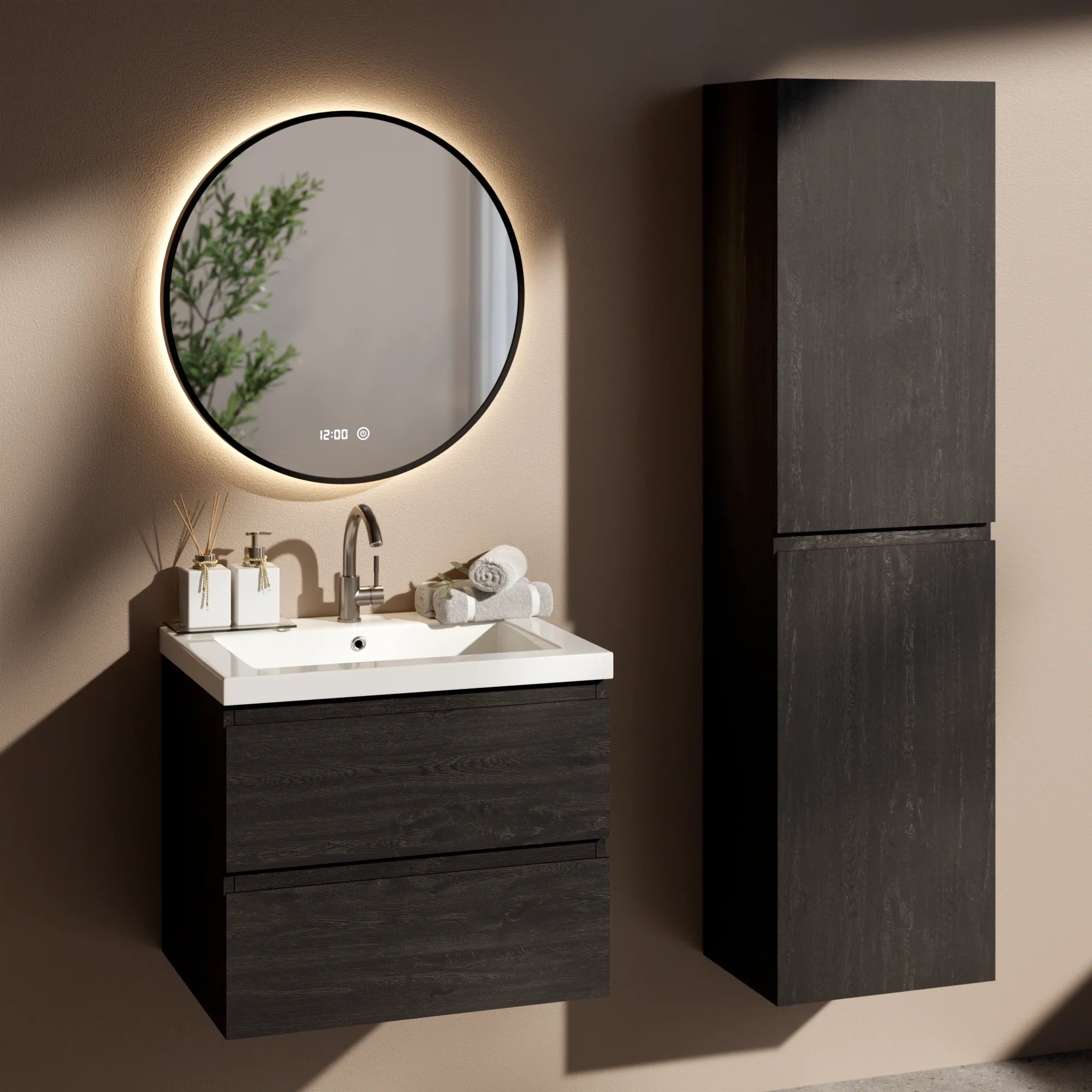 Ensemble meuble vasque Virello – 60 cm – Chêne Noir – Lavabo Blanc
