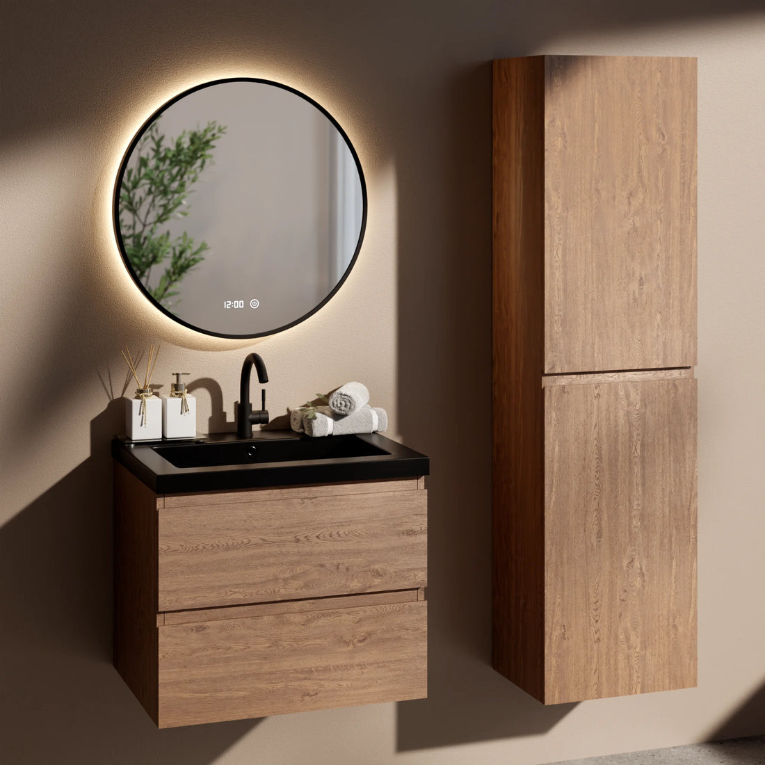 Ensemble de Meubles de salle de bain Verona – 60 cm – Chene Chaud – Lavabo Noir